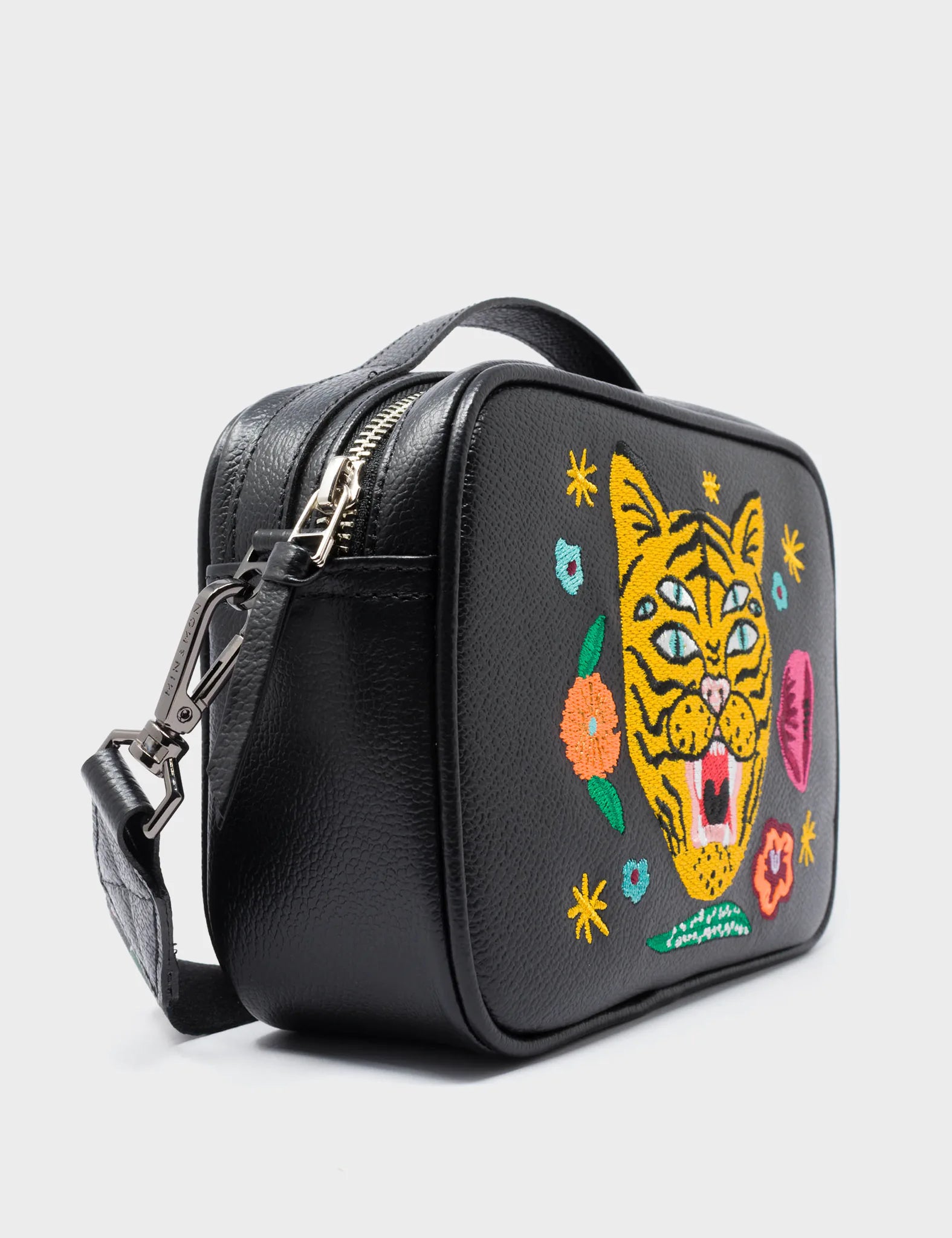 Verto Black Leather Crossbody Bag with Tiger and Flowers Embroidery - Stylish Women's Purse for Daily Use, Travel & Shopping