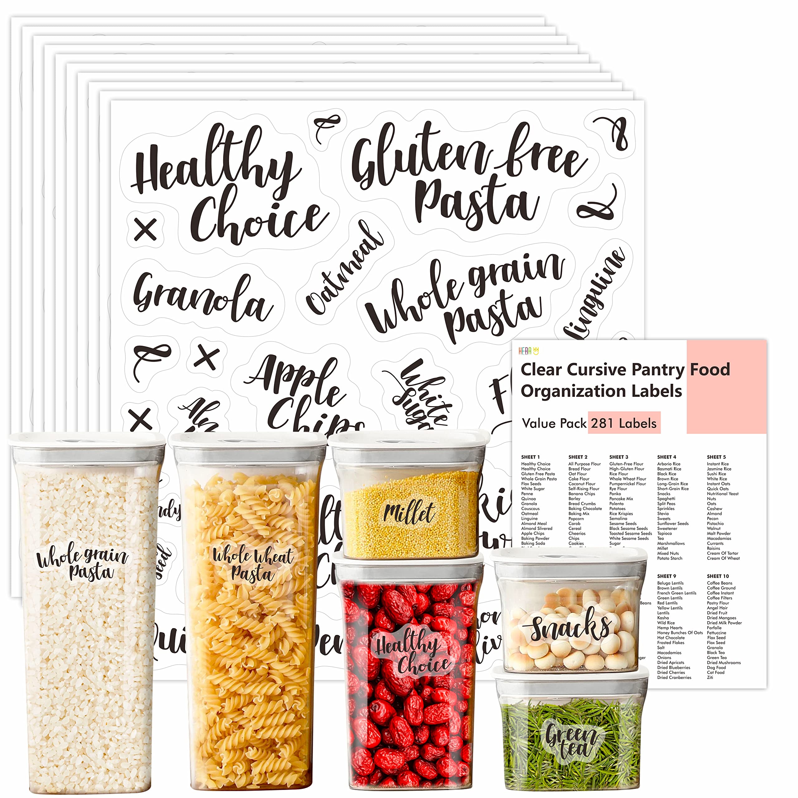 Hebayy 281-Piece Clear Cursive Pantry Labels Set - Waterproof Customizable Stickers for Food Storage Containers, Jars & Spice Bottles - Perfect for Kitchen Organization & Pantry Labeling System
