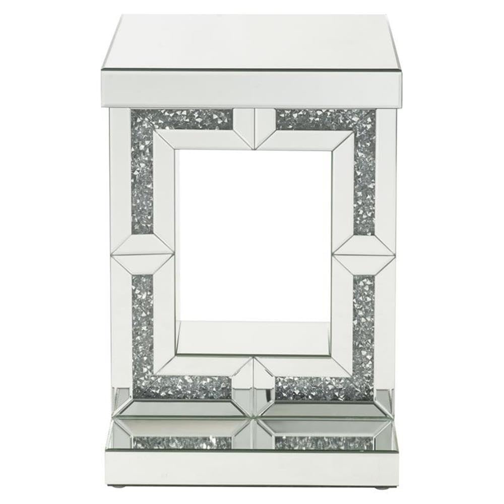 Acme Noralie Glass Accent Table with Pedestal Base - Elegant Mirrored Finish & Faux Diamond Decor | Perfect for Living Room, Bedroom, or Entryway Decor