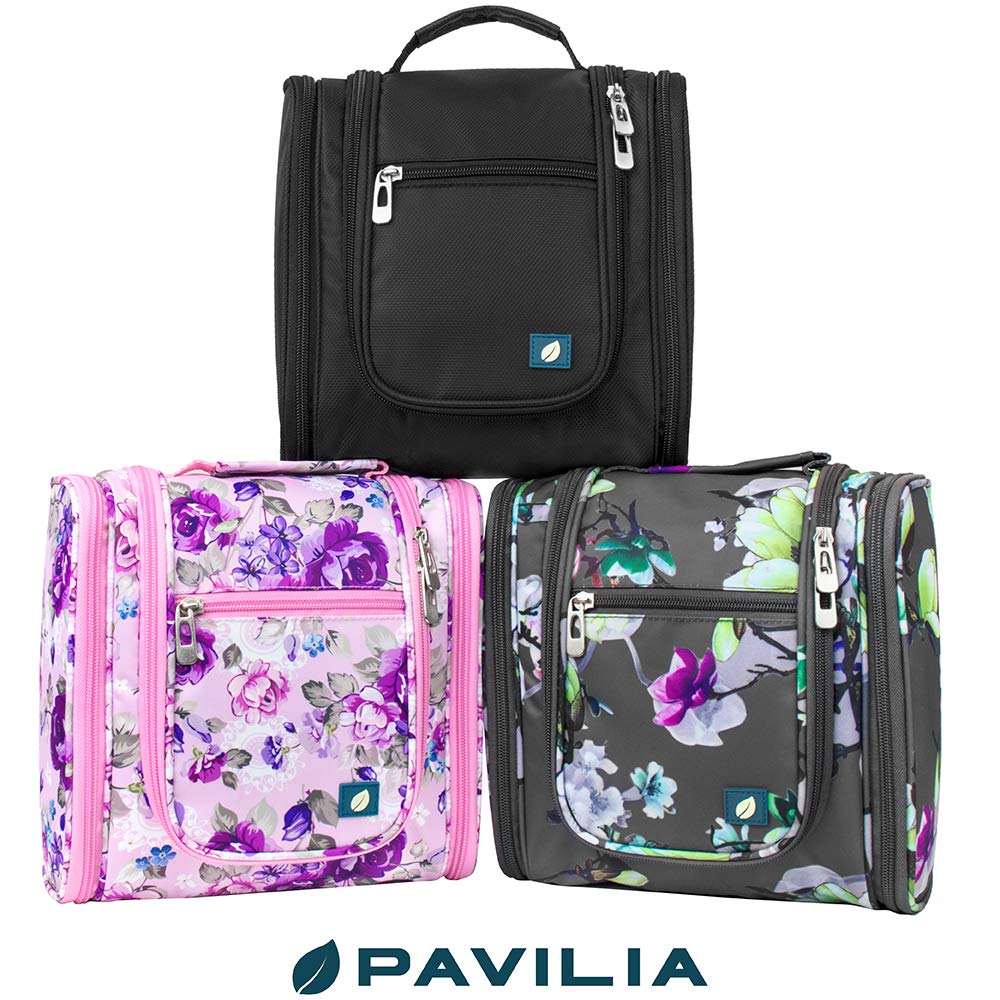 PAVILIA Hanging Toiletry Bag for Women & Men - Waterproof Travel Cosmetic Organizer with Multiple Pockets, Large Makeup Bag for Toiletries & Accessories (Floral Pink) - Perfect for Travel, Camping & Gym Essentials