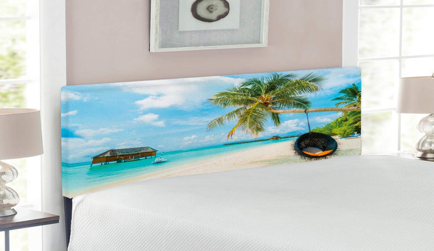 Ambesonne Ocean Headboard - Maldives Tropical Beach with Crystal Waters & Palm Trees, Upholstered Decorative Metal Bed Frame with Memory Foam, Queen Size, Multicolor | Perfect for Coastal & Beach-Themed Bedrooms, Vacation Homes & Tropical Decor