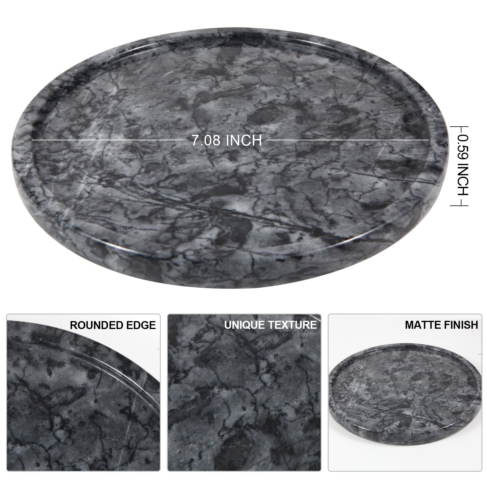 Round Natural Black Marble Tray - 8 Inch Decorative Vanity Tray for Bathroom Countertop, Jewelry Organizer & Elegant Serving Tray | Perfect for Home Decor, Spa Essentials & Coffee Table Display