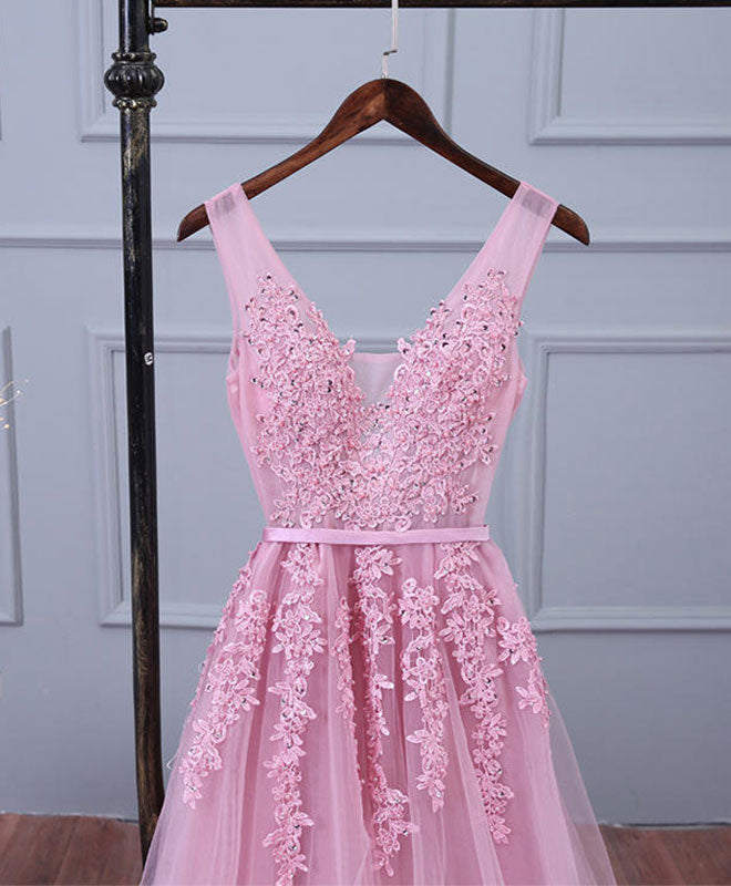 Elegant Pink V-Neck Lace Tulle Long Prom Dress for Women - Formal Evening Gown for Homecoming, Wedding Guest & Special Occasions