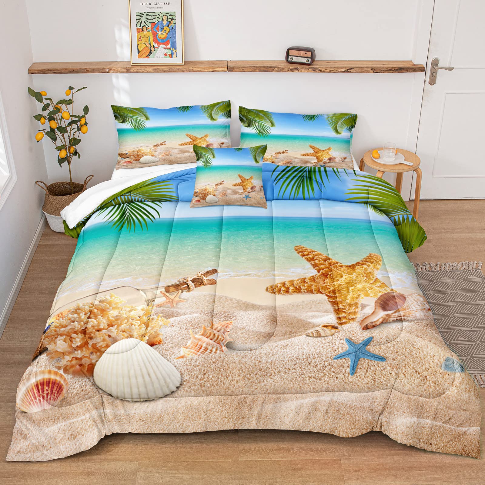 Ocean Beach Themed Queen Size Bedding Set - Tropical Palm Tree Comforter with Conch & Starfish Print | Coastal Style Summer Bedding for Beach House, Vacation Rental & Coastal Decor