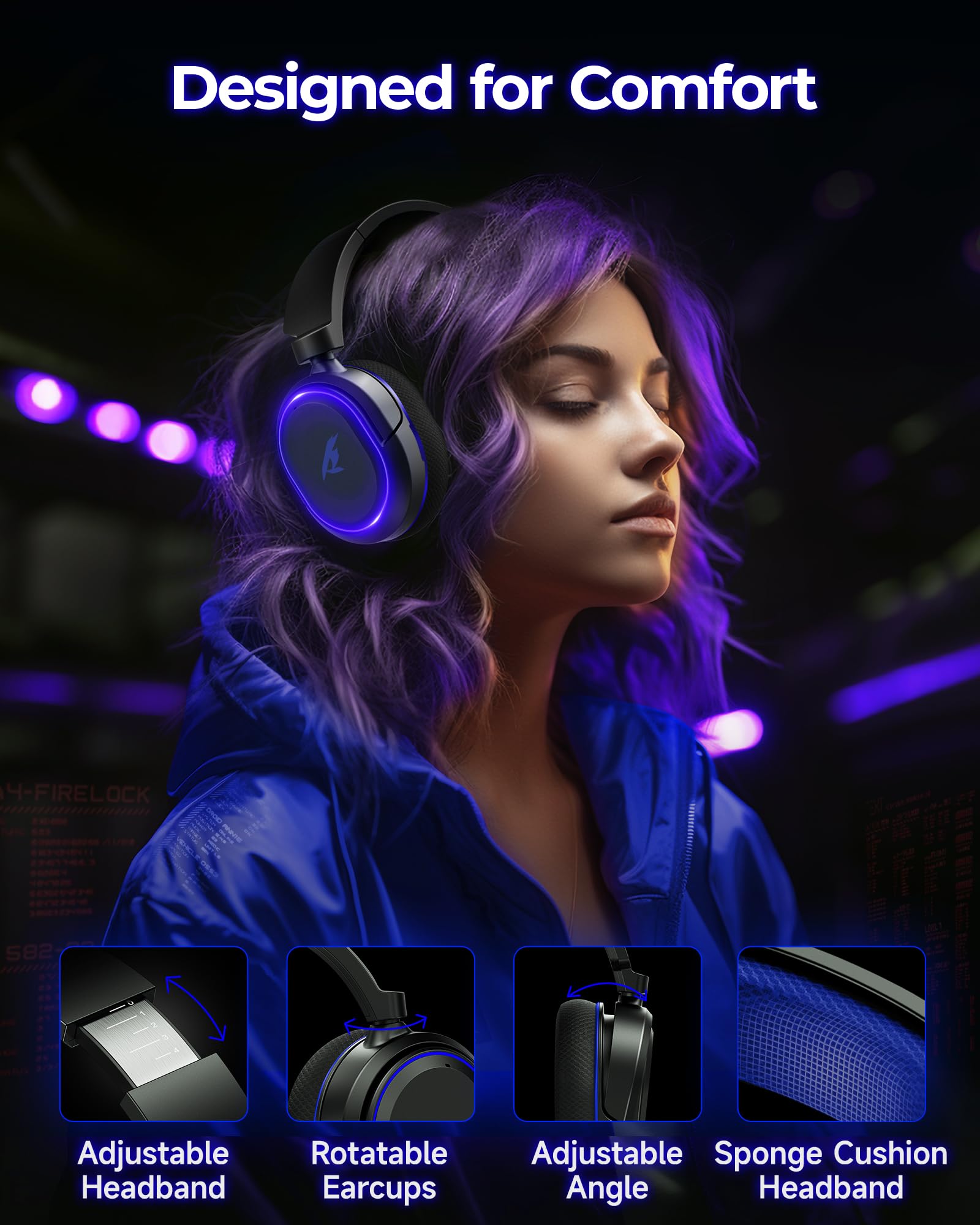 Wireless Gaming Headset with 7.1 Surround Sound & Bluetooth 5.4 | 100H Battery Life | ENC Noise Canceling Mic | RGB Lighting | Compatible with PC, PS5, PS4, Mac & Nintendo Switch | Perfect for Competitive Gaming & Streaming (Black-Blue)