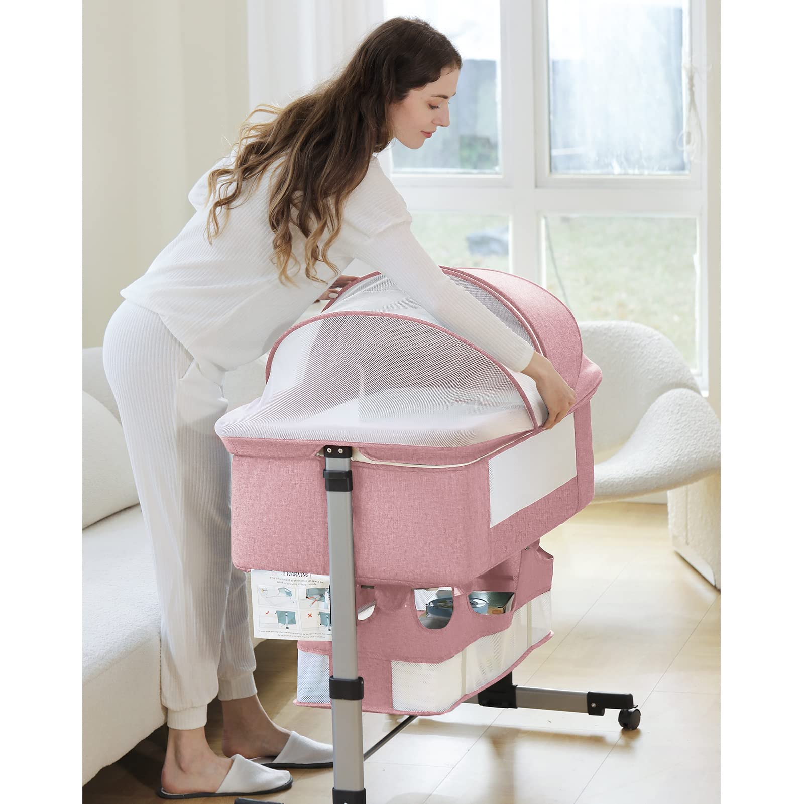 Ihoming Baby Bassinet Bedside Sleeper - Adjustable Folding Crib with Storage Basket for Newborns & Infants | Portable Nursery Bed for Bedroom, Travel & Home Use (Pink)