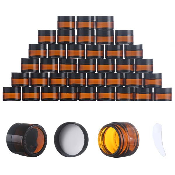 OverNews 48PCS 1oz Amber Glass Jars with Black Lids - Empty Cosmetic Containers for Lotion, Cream & Salve - Includes Inner Liners & Spatula - Perfect for DIY Skincare, Essential Oils & Travel Size Products