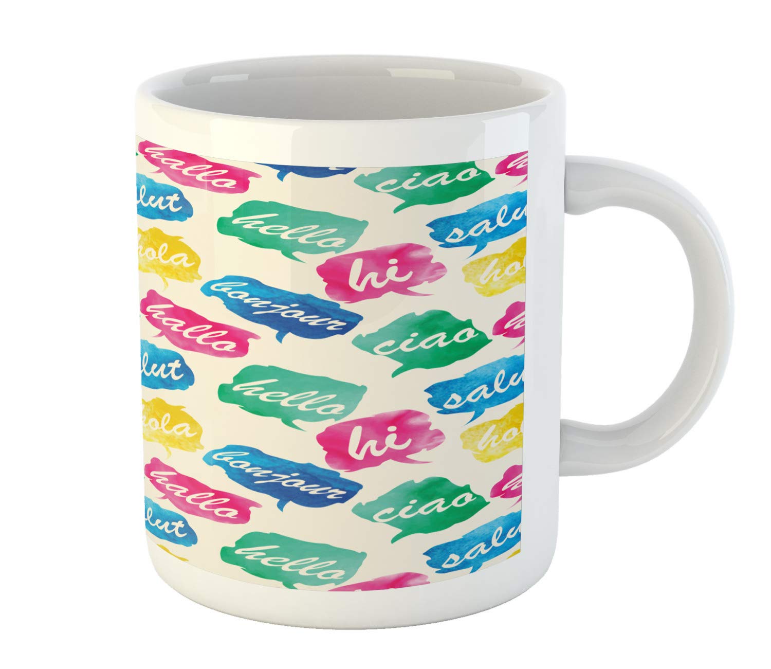 Lunarable Hello Mug - Watercolor Bubbles with Multilingual Greetings, 11oz Ceramic Coffee Cup for Tea & Hot Drinks (Eggshell/Multicolor) - Perfect for Office, Home & Gift Giving
