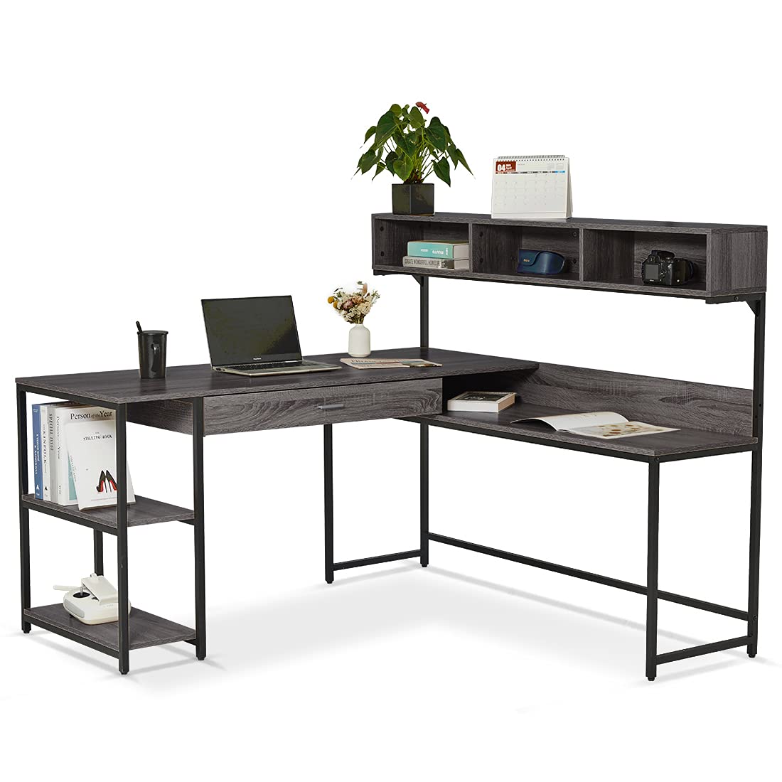 L-Shaped Corner Desk with Shelves & Drawer - Space Saving Computer Desk for Home & Office - Dark Grey - Perfect for Small Spaces & Workstations