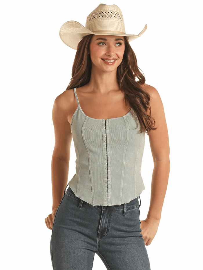 Rock & Roll Denim BW20T03249 Women's Ribbed Tank Top with Mineral Wash in Jade Green - Perfect for Casual Wear, Music Festivals & Summer Outfits