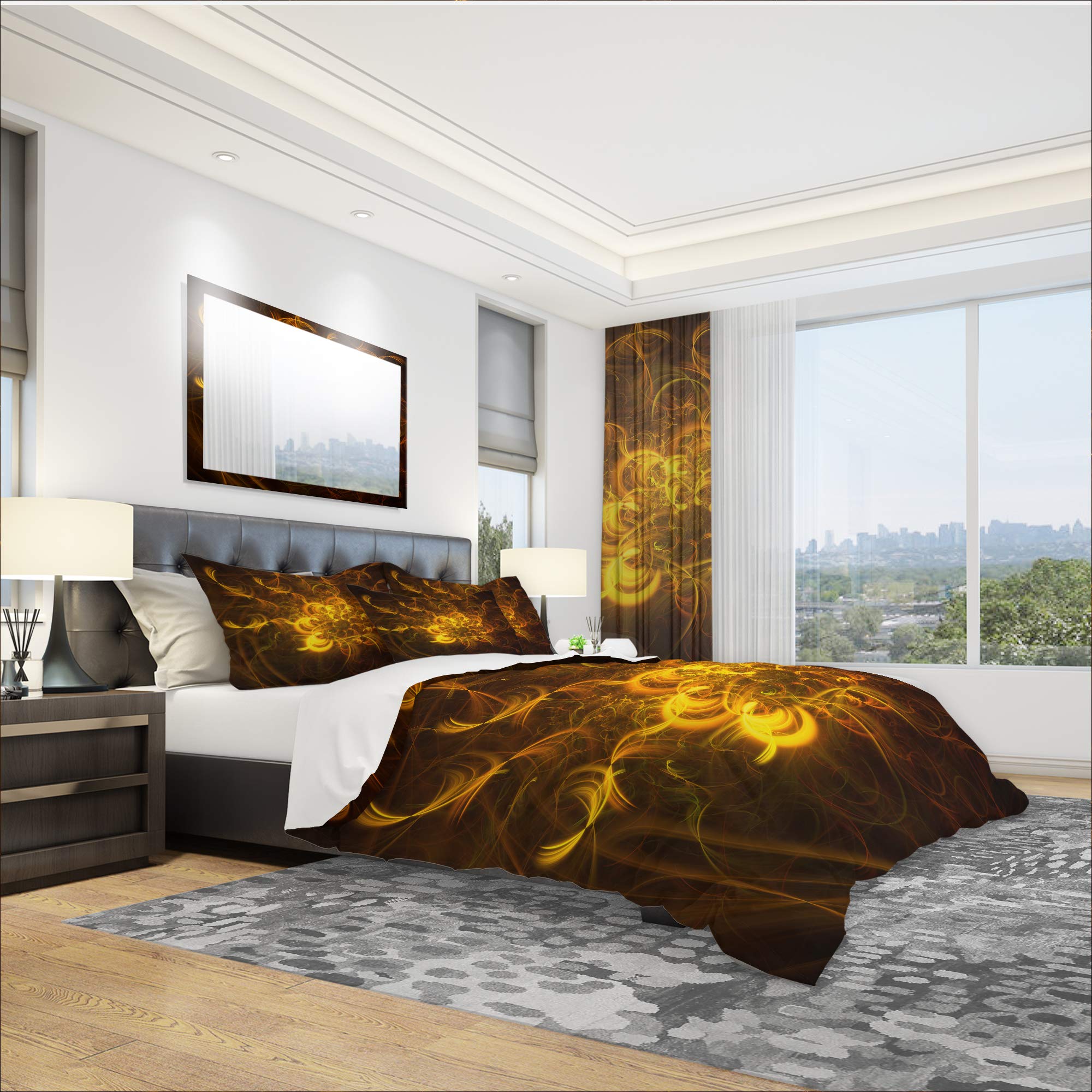 Golden Fractal Flower Duvet Cover Set - Twin Size Yellow Floral Bedding 3-Piece All Season Coastal & Nautical Design | Perfect for Beach House, Guest Room & Boho Chic Bedroom Decor