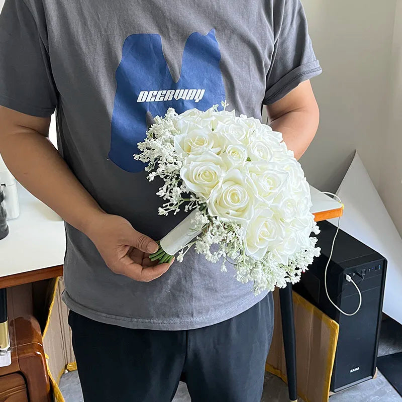 Artificial White Roses with Baby's Breath Bouquet - Elegant Bridesmaid Bouquets & Wedding Table Centerpiece Decor for Bridal Showers, Receptions, and Home Decor