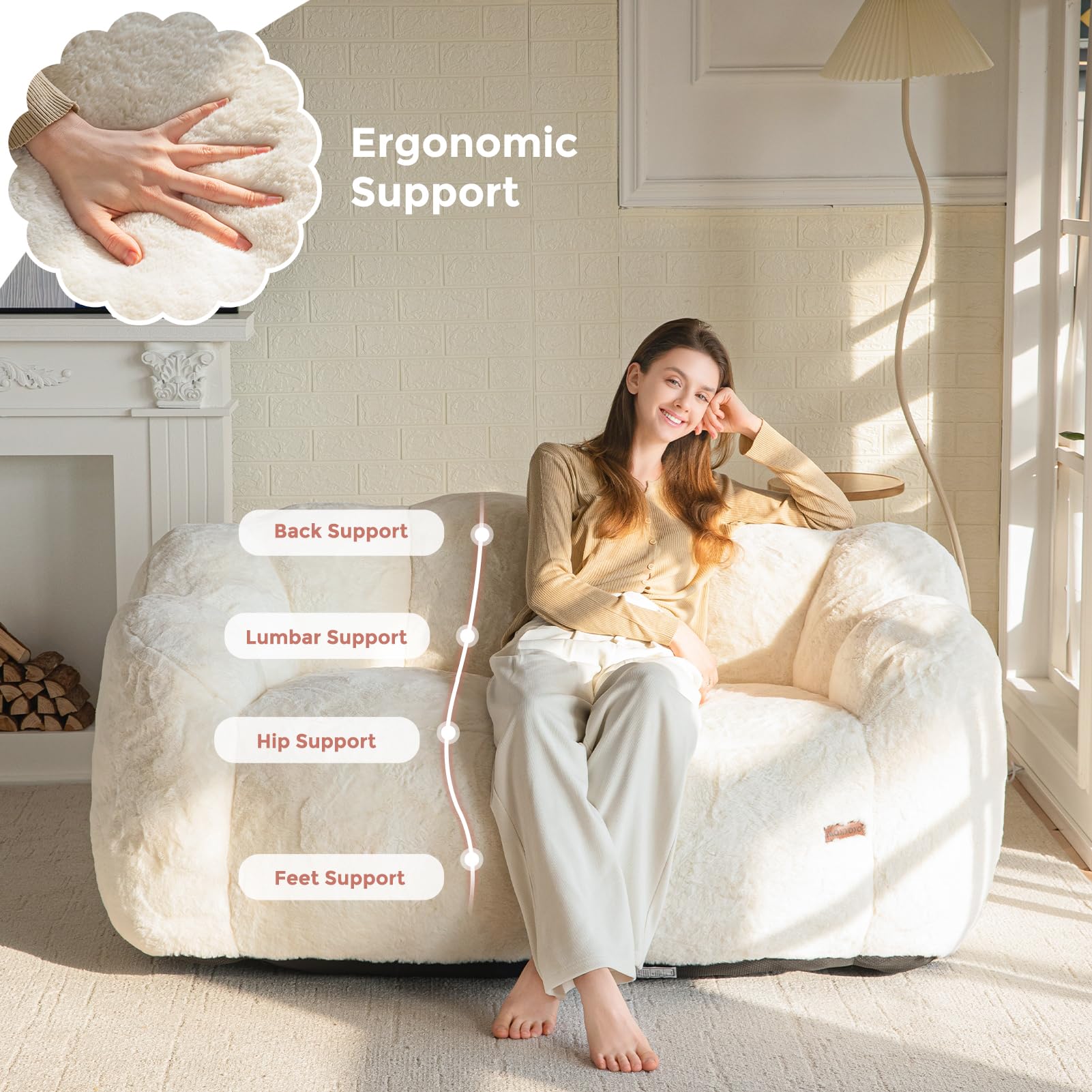 MAXYOYO Ultra Soft Faux Fur Bean Bag Chair - Double Size Loveseat with Floral Petal Back Design for Adults (Beige) | Perfect for Living Room, Bedroom, Dorm & Game Room Relaxation