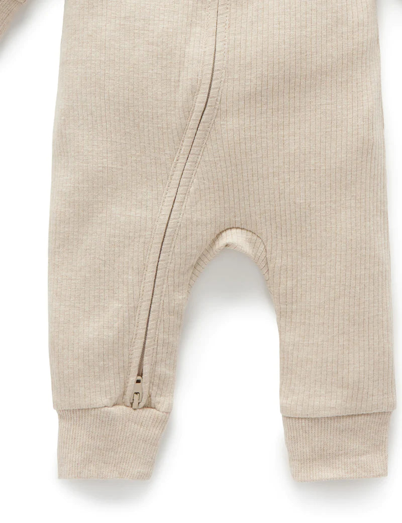 Purebaby Organic Ribbed Growsuit for Babies - Soft Cotton Bodysuit with Snaps, Neutral Biscuit Melange Color - Perfect for Newborns, Daycare & Family Outings