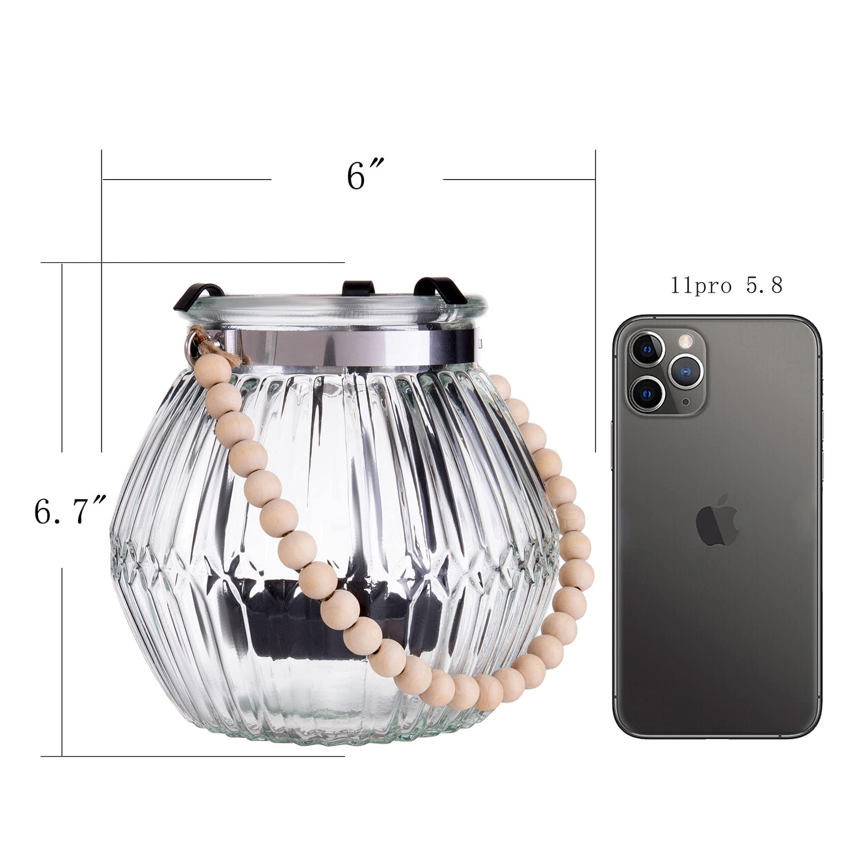 Diamond Star Glass Candle Lantern - Decorative Outdoor Table Lantern with Wooden Bead Handle (Clear) - Perfect for Patio, Garden, Wedding & Home Decor