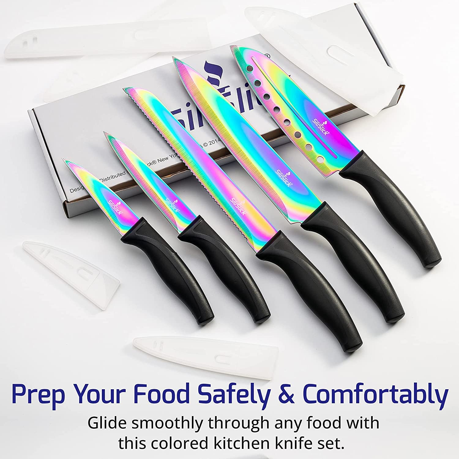 Rainbow Titanium Coated Kitchen Knife Set - 6-Piece Stainless Steel Chef Knives with Ergonomic Non-Slip Handles (Utility, Santoku, Bread, Paring Knives) - Perfect for Home Cooking, Professional Chefs & Gift Giving