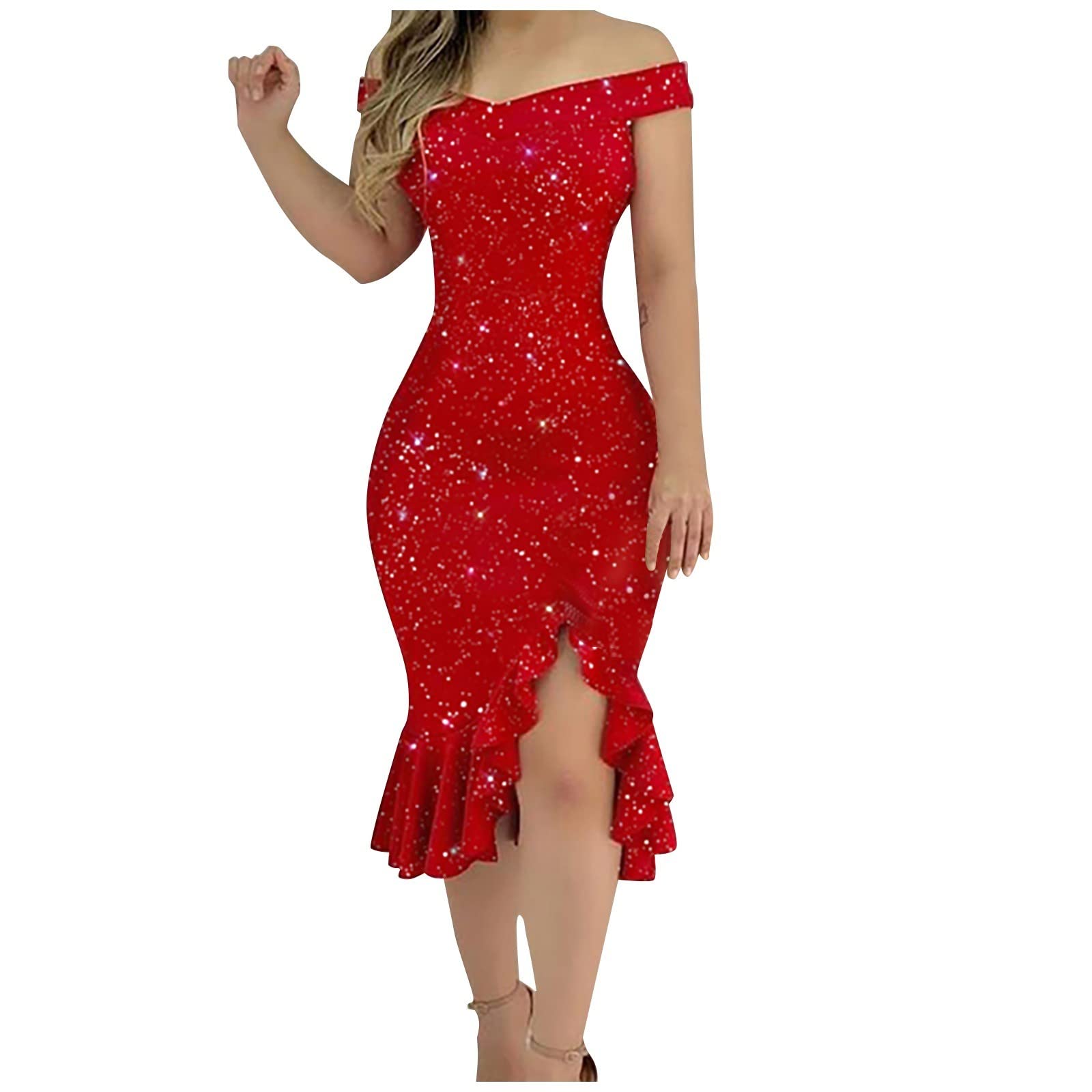 Sexy Off Shoulder Mini Dress for Women - Summer Short Sleeve Sequin Ruffle Cocktail Dress with Unique Hemline | Perfect for Date Night, Parties & Beach Vacations