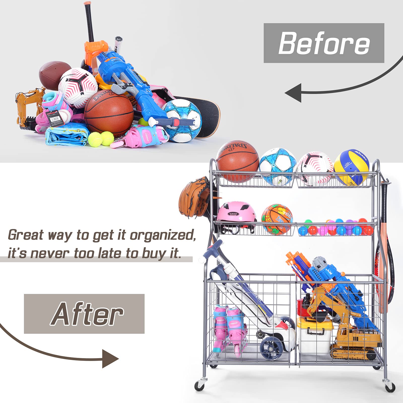 WEYIMILA Heavy Duty Steel Garage Sports Equipment Organizer - Toy Storage Rack for Nerf Guns, Balls & Outdoor Gear - Durable Gray Indoor/Outdoor Storage Solution for Garage, Basement & Playroom Organization
