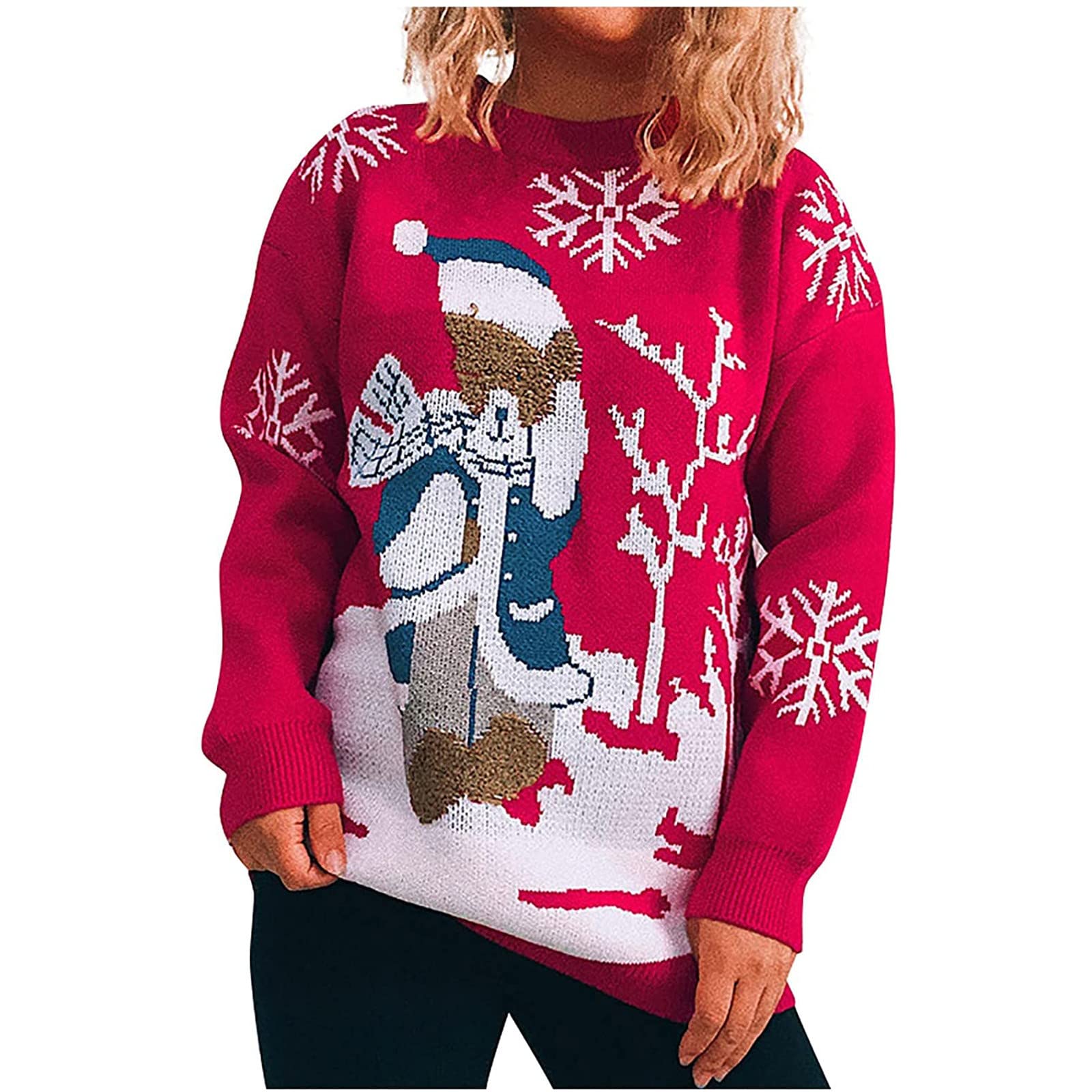 Women's Christmas Print Round Neck Long Sleeve Sweater Tops Blouse for Fall Winter | Holiday Party Outfit & Casual Wear