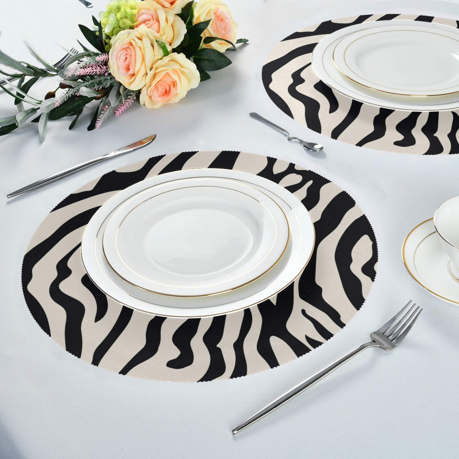 Zebra Print Round Placemats Set of 6 - Waterproof Dining Table Mats for Kitchen, Home Decor & Holiday Dinner Settings - Perfect for Parties, Daily Use & Decorative Tabletop Protection