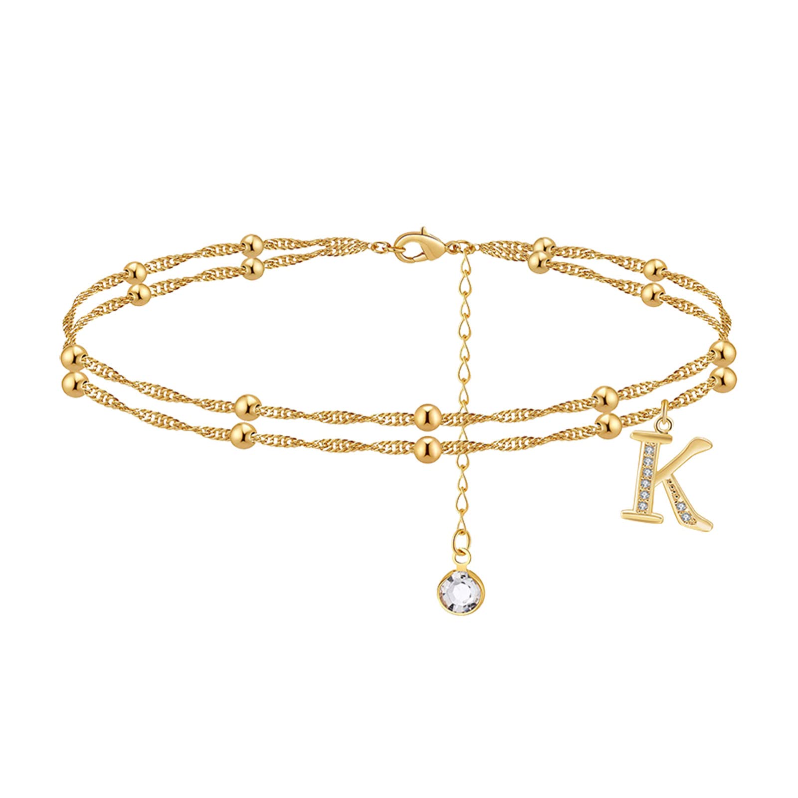 Gold Plated Dainty Layered Heart Initial Anklets for Women & Teen Girls - Adjustable Ankle Bracelets (Letter K, One Size) - Perfect for Beach, Summer Outfits & Casual Wear