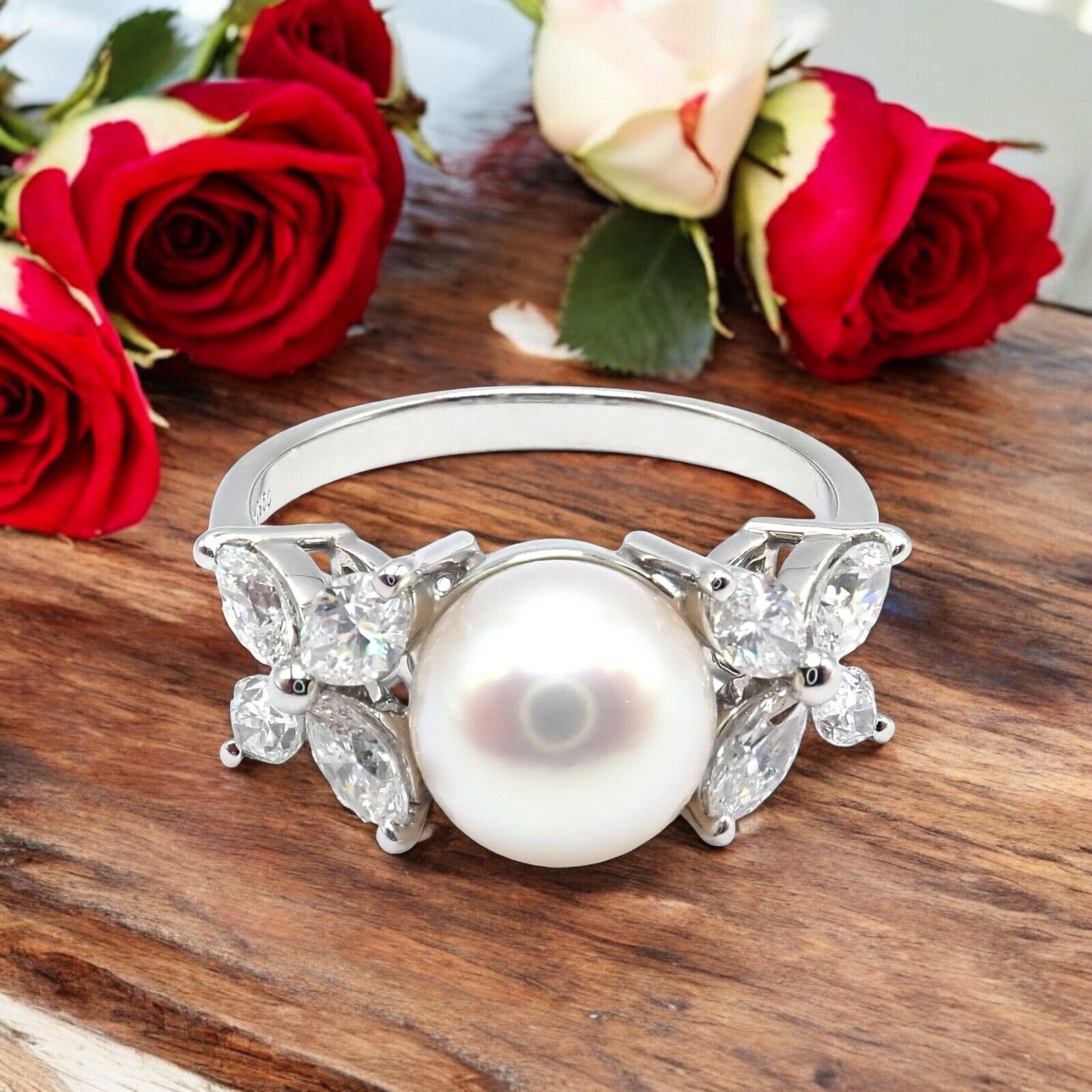Authentic Tiffany & Co Victoria Platinum Diamond 7.5mm Pearl Band Ring for Women - Elegant Wedding, Engagement & Anniversary Jewelry Gift