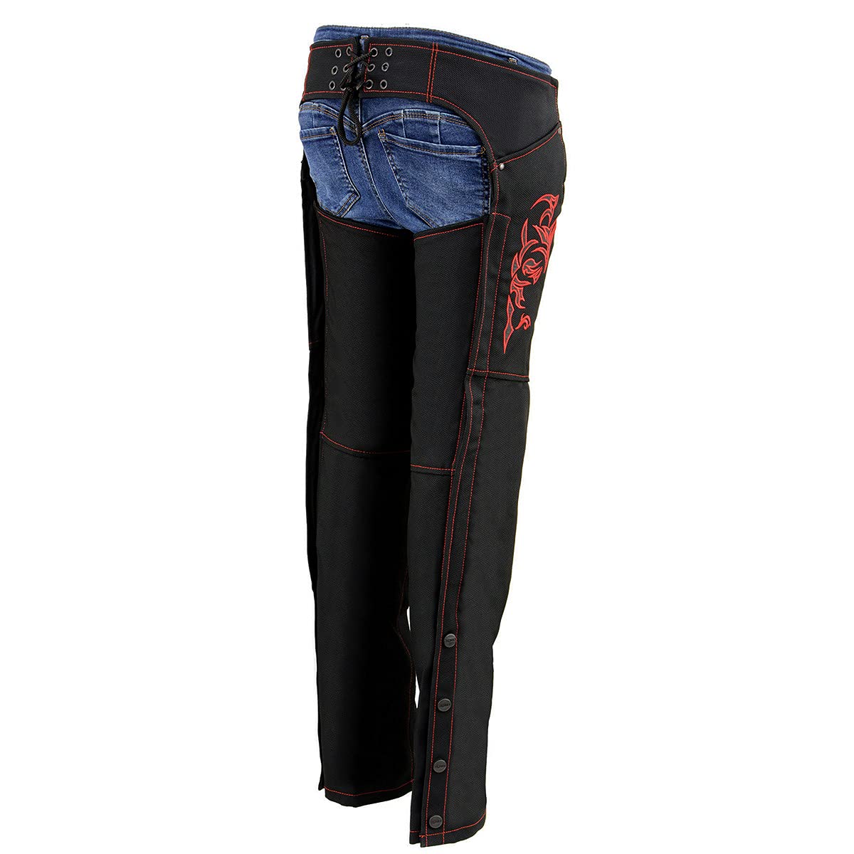 Milwaukee Leather SH1182 Women's Black & Pink Motorcycle Chaps with Tribal Embroidery - Stylish & Protective Riding Gear for Harley, Cruiser & Adventure Bikes