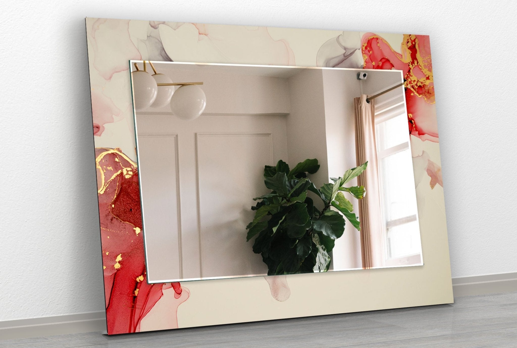 Abstract Beige and Red Wall Mirror - Modern Decorative Mirror for Living Room, Bedroom & Entryway - Unique Home Decor Accent Piece