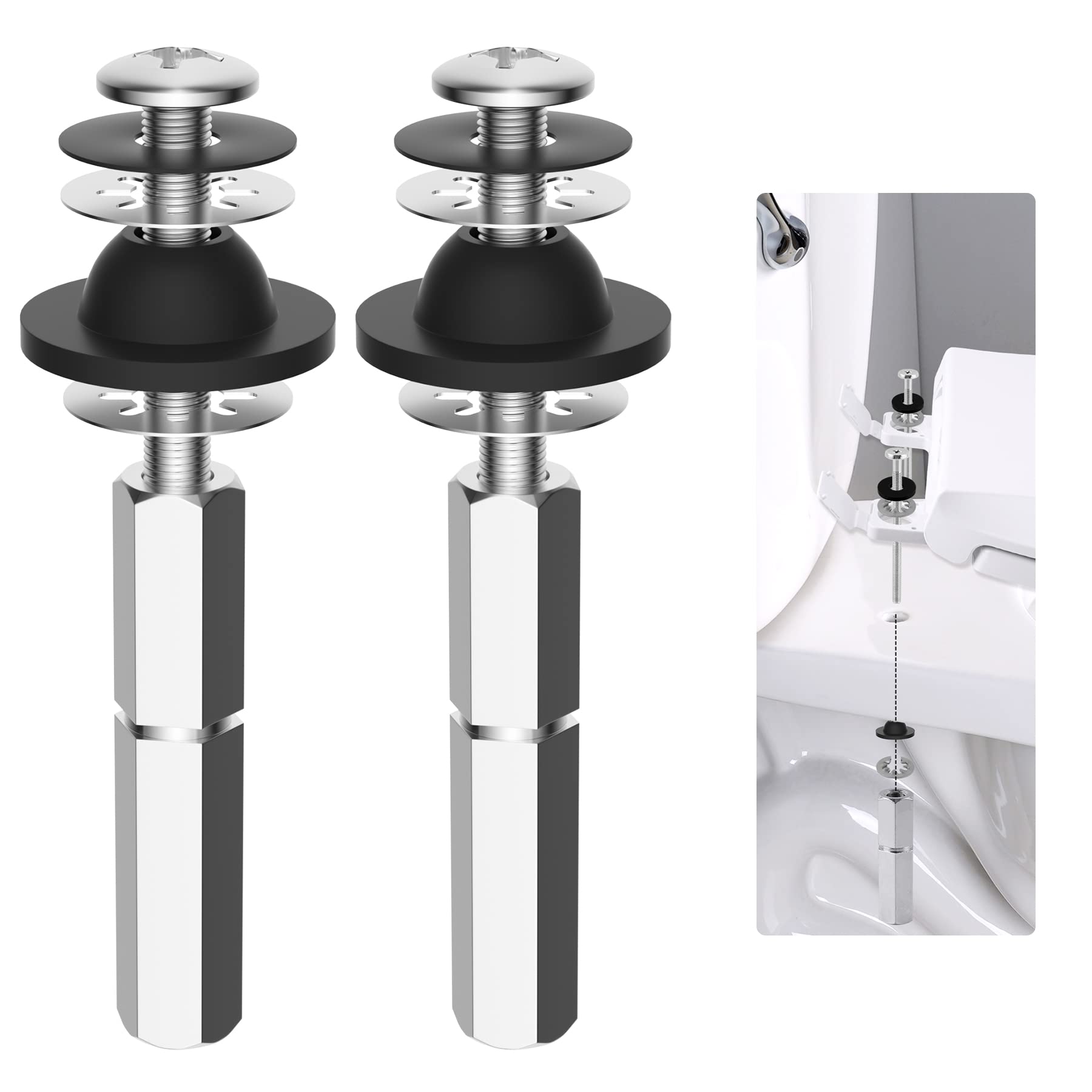 Hibbent 2-Pack Heavy Duty Stainless Steel Universal Toilet Seat Bolts Kit with Extra Long Downlock Nuts, Rubber Washers & Gaskets - Easy Installation for Bathroom Toilet Repair & Replacement (Perfect for Home, RV & Commercial Restrooms)
