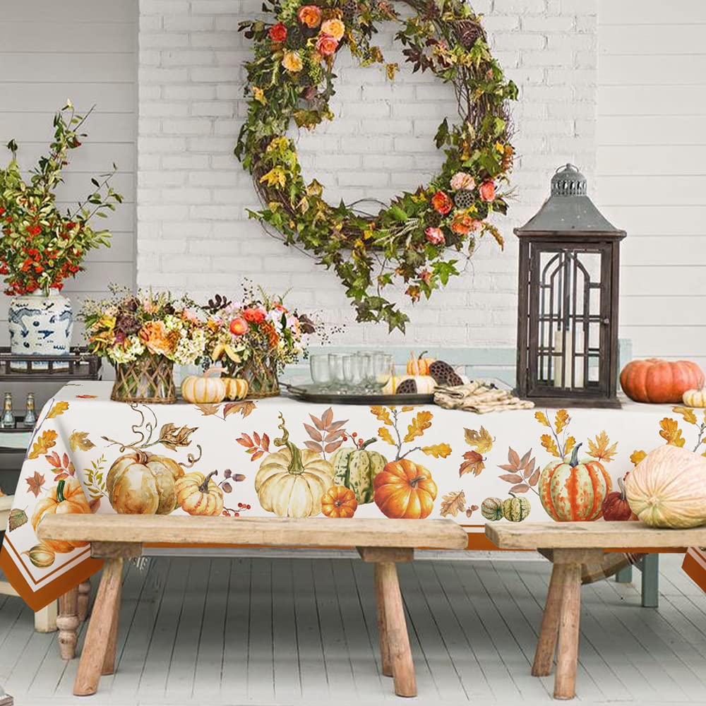 Waterproof Anti-Wrinkle Pumpkin Tablecloth - 60x102 Inch Reusable Polyester Table Cover for Thanksgiving & Fall Decor | Easy to Wash Autumn Table Linens for Dining Room, Kitchen, and Holiday Parties