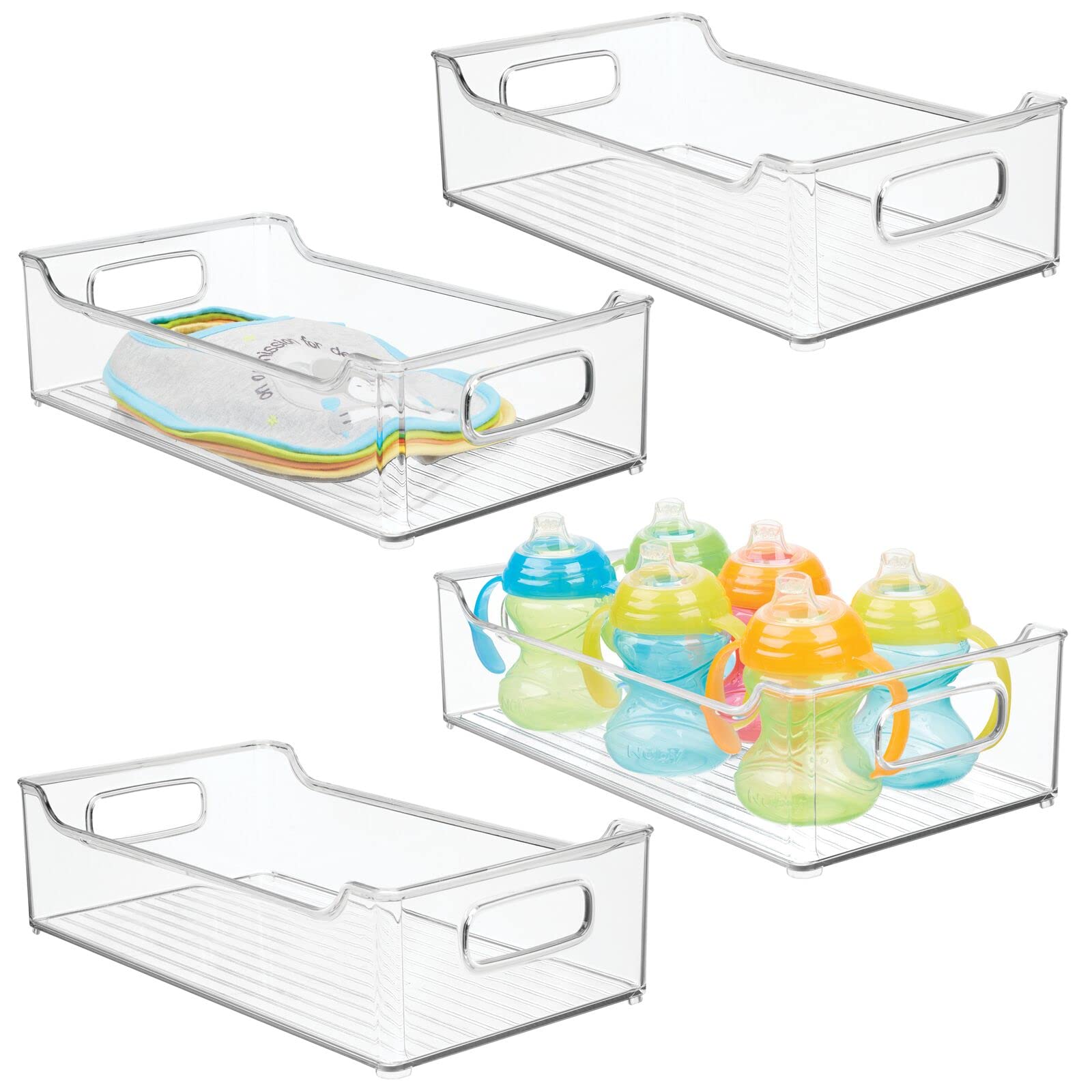 mDesign Wide Plastic Nursery Storage Bins with Handles - 4 Pack Clear Organizing Containers for Baby Food, Bibs, Formula & Burp Cloths - Perfect for Cabinet, Closet or Shelves Organization - Ideal for Nursery, Daycare & Home Storage Solutions