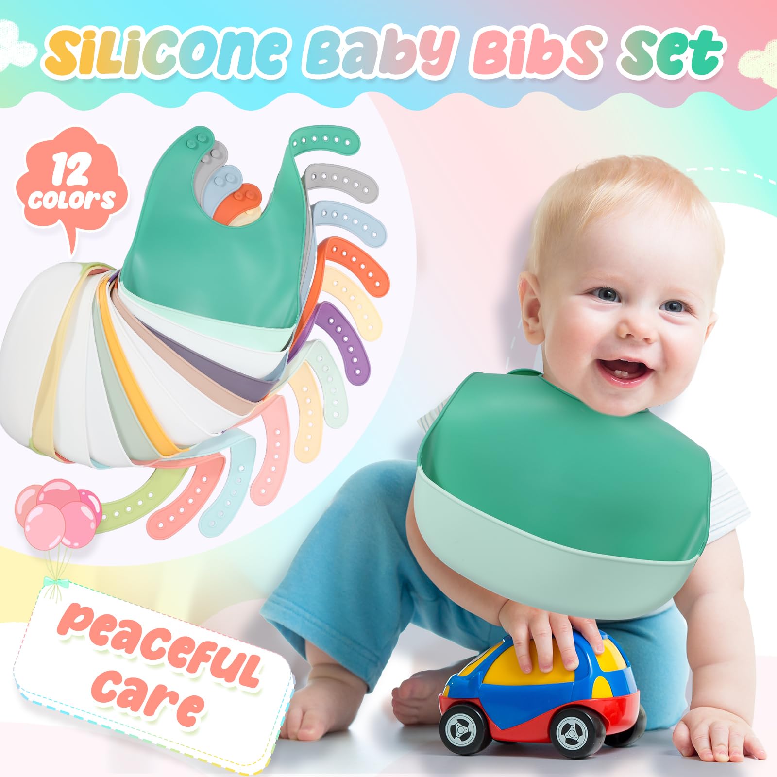 Mepase 12 Pack Waterproof Silicone Baby Bibs - Soft, Adjustable & Unisex Feeding Bib for Infants & Toddlers - Perfect for Mealtime, Snacks & Messy Play