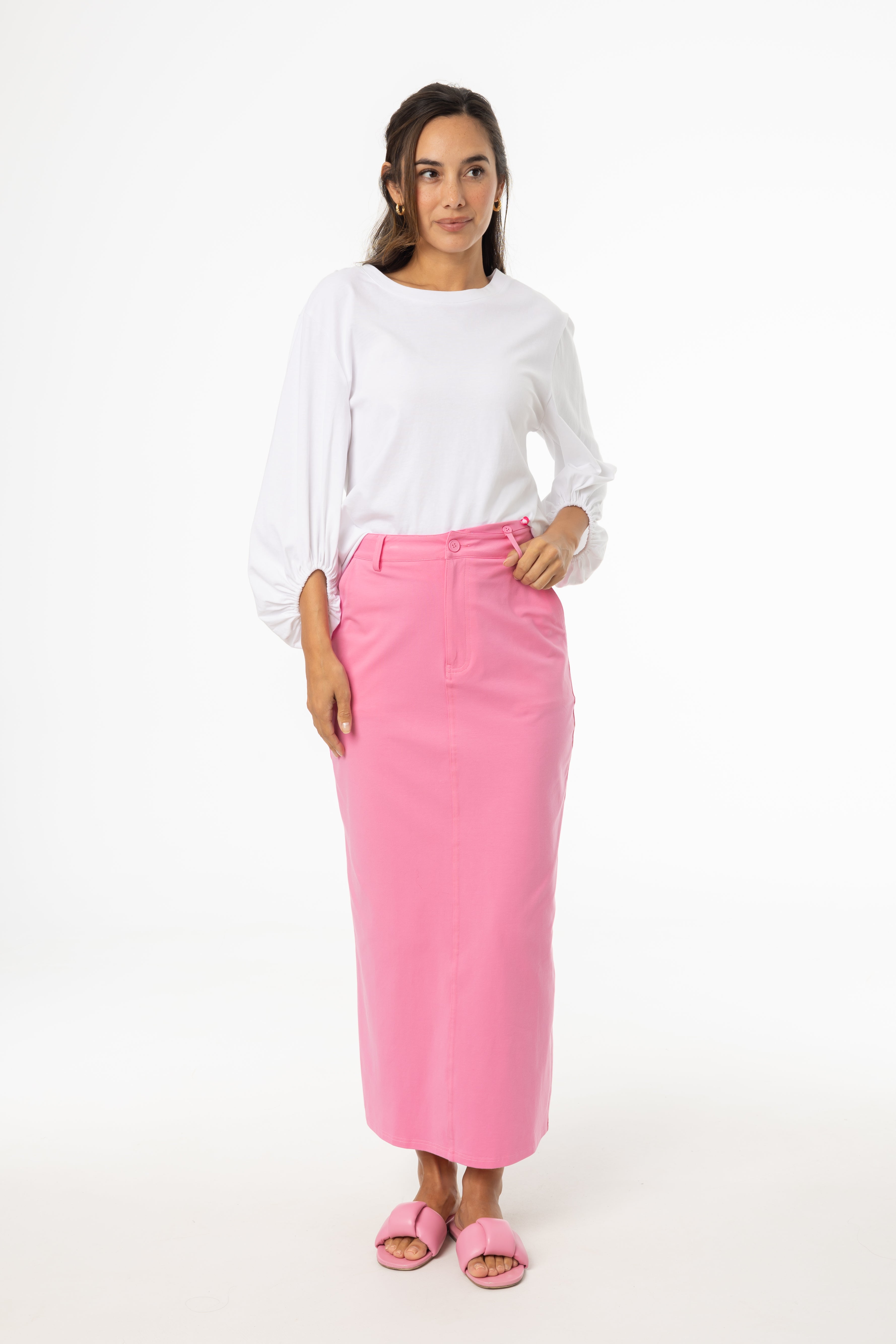 Stylish Pink Stretch Cotton Maxi Skirt for Women - Comfortable High Waisted Long Skirt with Pockets - Perfect for Summer, Beach, Travel & Casual Outfits