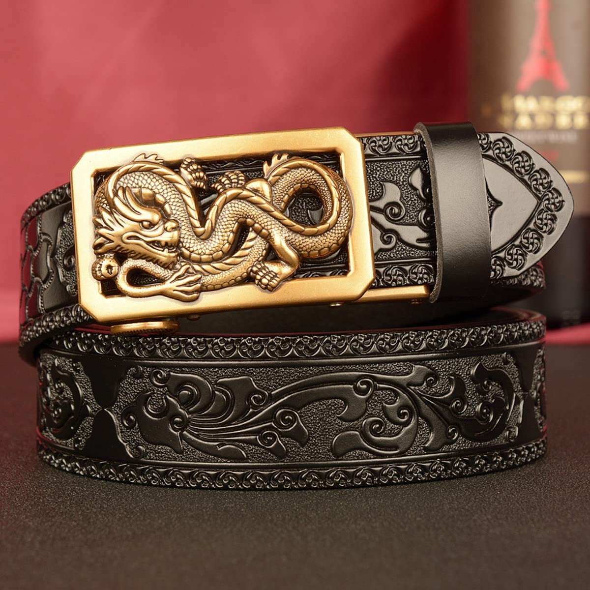 Men's Dragon Carved Leather Belt - Retro Ethnic Style Automatic Ratchet Buckle - 130CM Black Dress Belt for Business Casual Wear - Perfect for Office, Parties & Formal Events