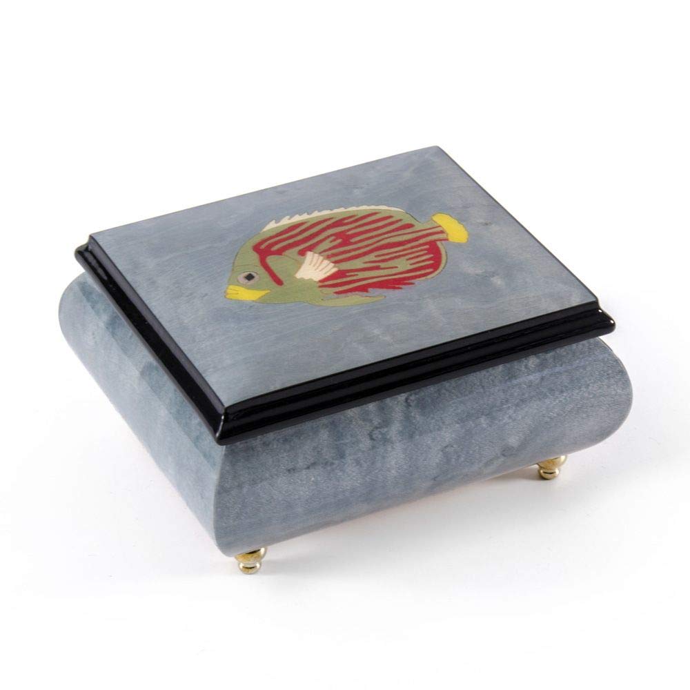 18-Note Musical Jewelry Box with Tropical Fish Wood Inlay - Light Blue Handcrafted Music Box - Plays Daddy's Little Girl & Multiple Songs - Perfect Gift for Daughter, Birthday, Anniversary & Home Decor