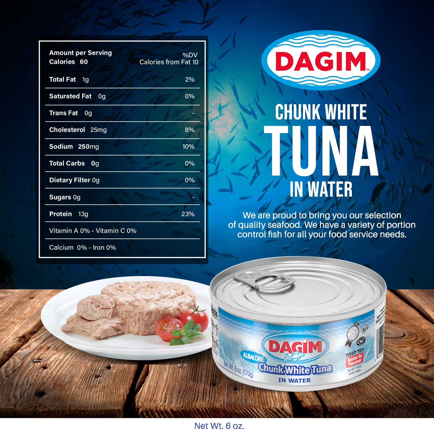 Premium Chunk White Albacore Tuna in Water - 6 oz. Canned Tuna Fish, Kosher Certified for Passover - Pack of 8 - Perfect for Salads, Sandwiches, and Healthy Meal Prep