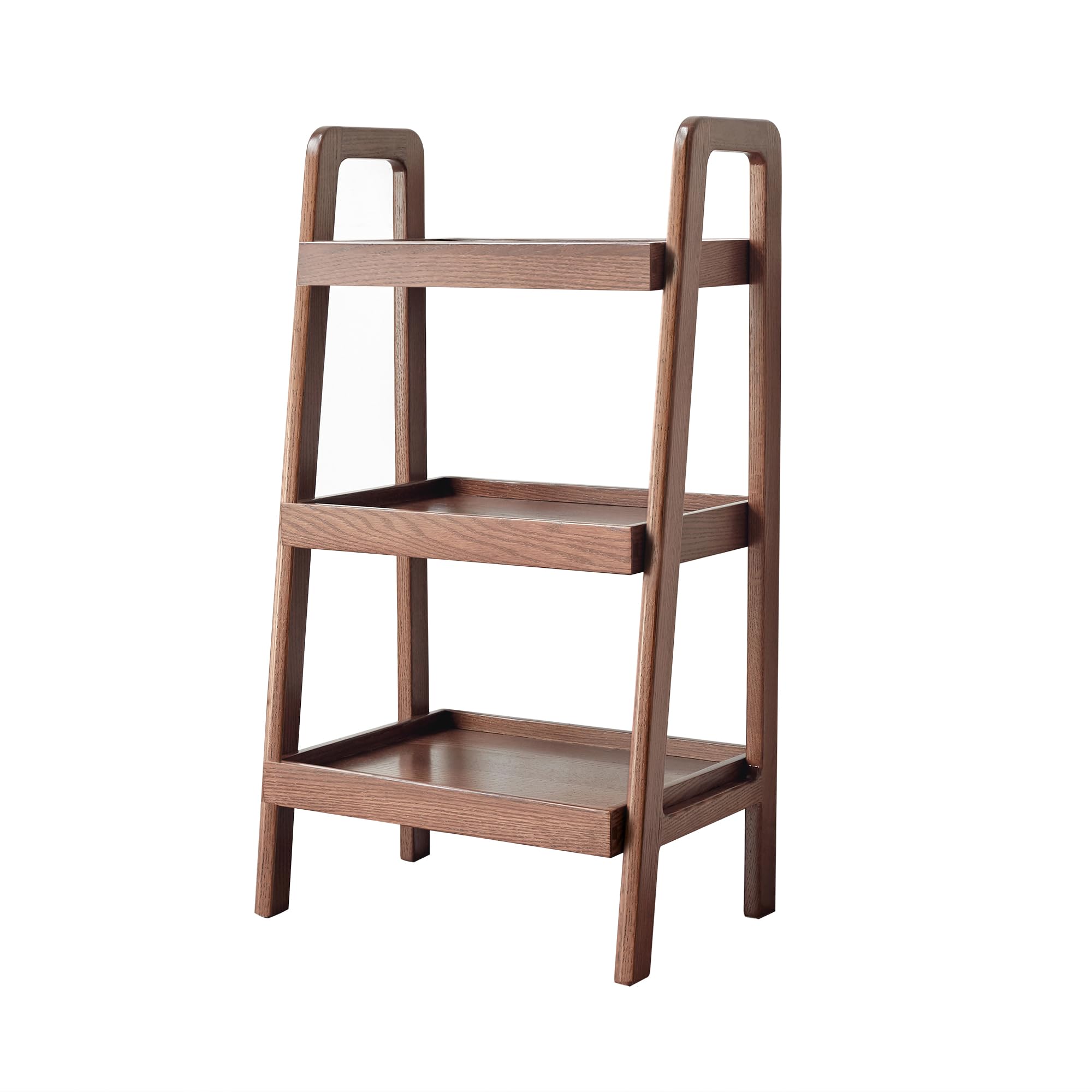 3-Tier Ladder Shelf - Solid Oak Wood Bookshelf with Storage | Compact Side Table for Living Room, Bedroom, Kitchen & Bathroom | Space-Saving Organizer for Books, Plants & Decor (Walnut Finish)