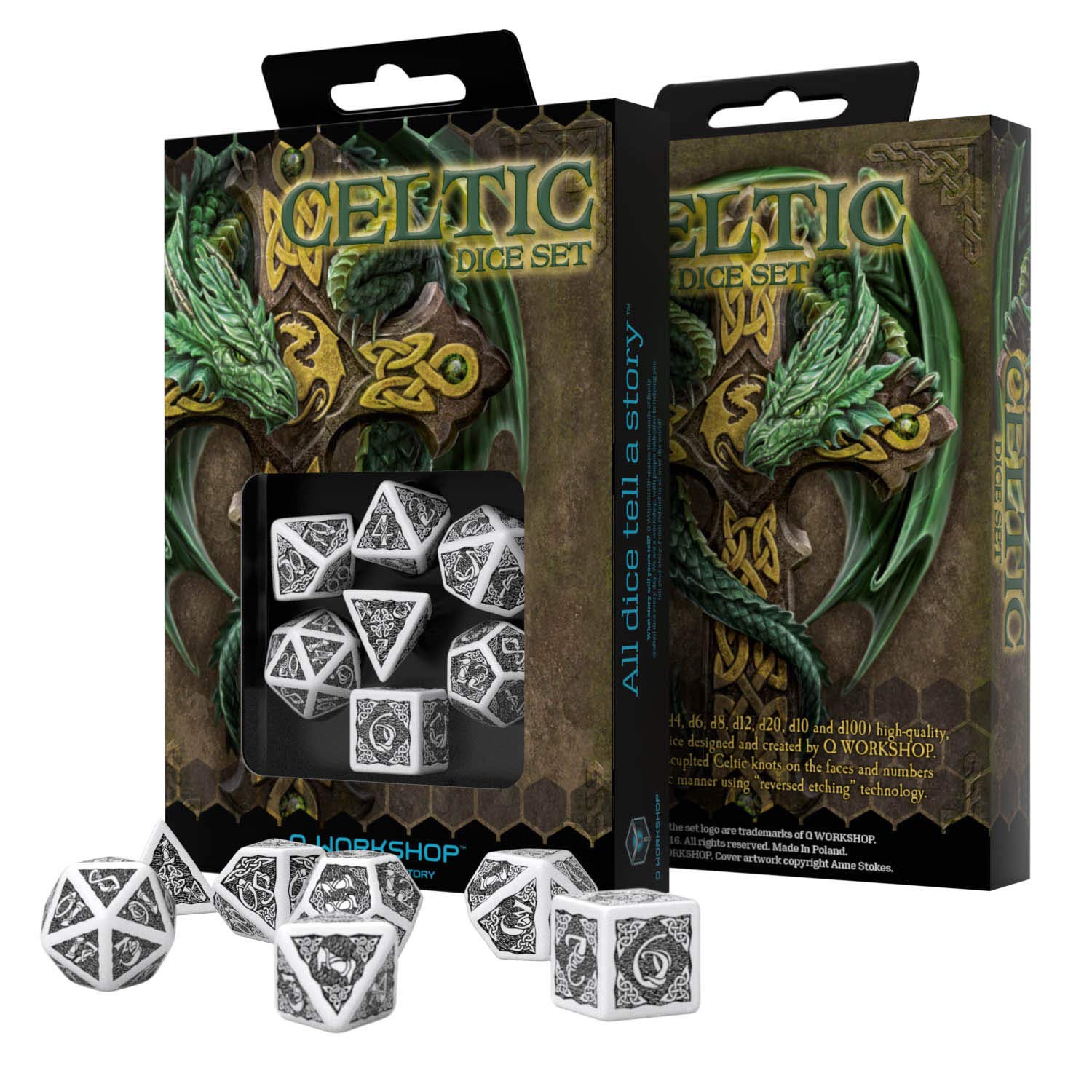 Premium Celtic 3D White & Black Dice Set (7-Piece) - Refreshed Design for D&D, RPG, Board Games & Tabletop Adventures