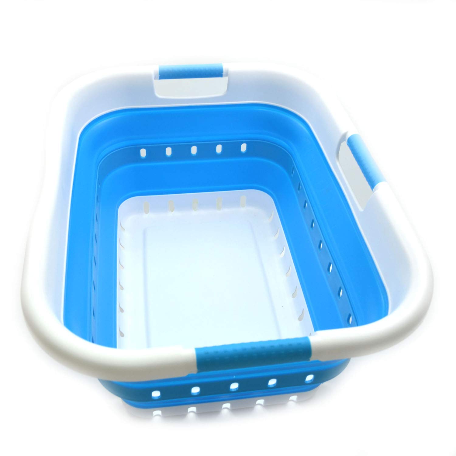 Sammart 41L Foldable Laundry Basket with 3 Handles - Collapsible Storage Organizer for Clothes, Toys & Home Essentials - Portable & Space Saving Hamper (White/Sky Blue) - Perfect for Dorm, Apartment & Travel Use