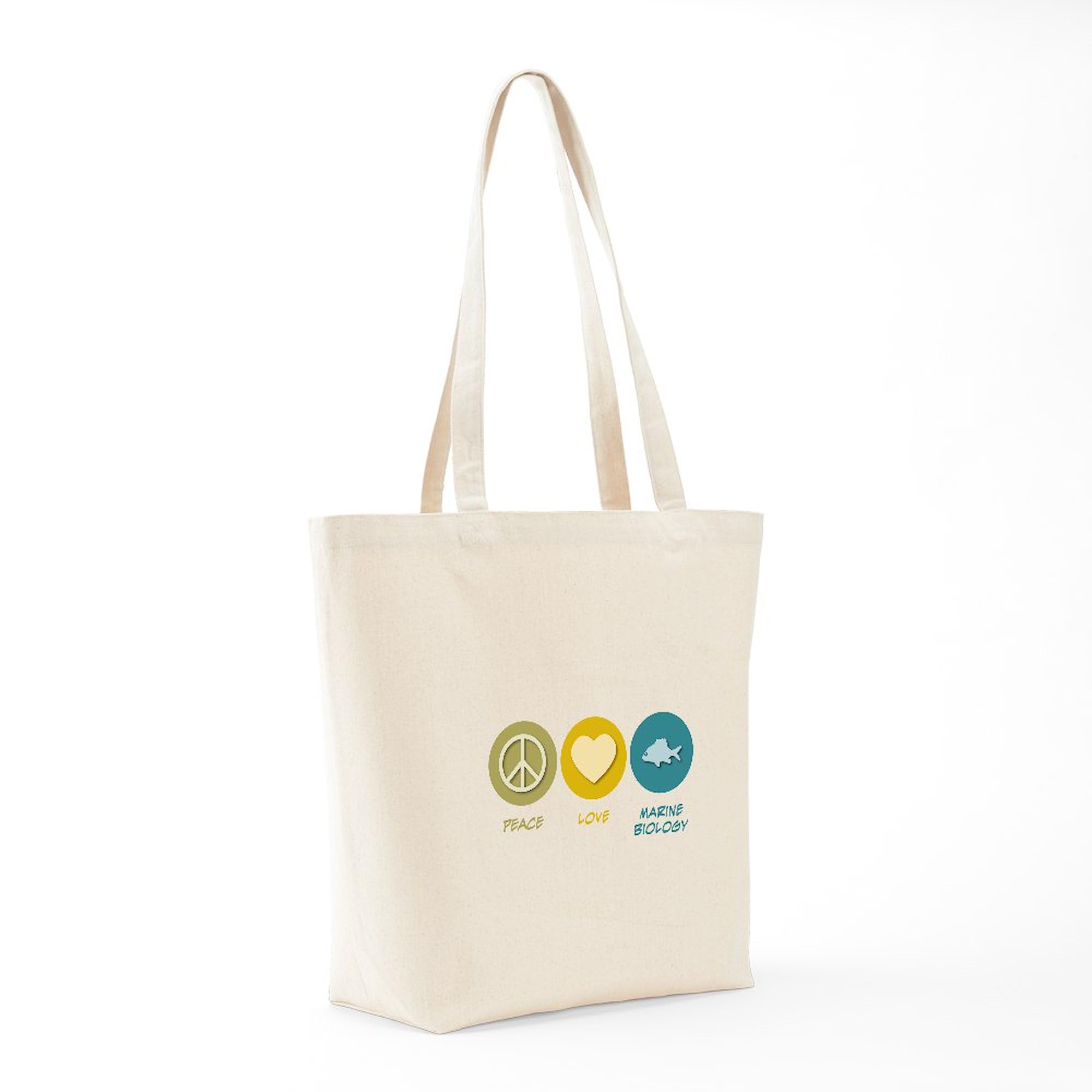Eco-Friendly Peace Love Marine Biology Canvas Tote Bag - Reusable Natural Shopping Bag for Groceries, Beach & School | Sustainable Gift for Ocean Lovers