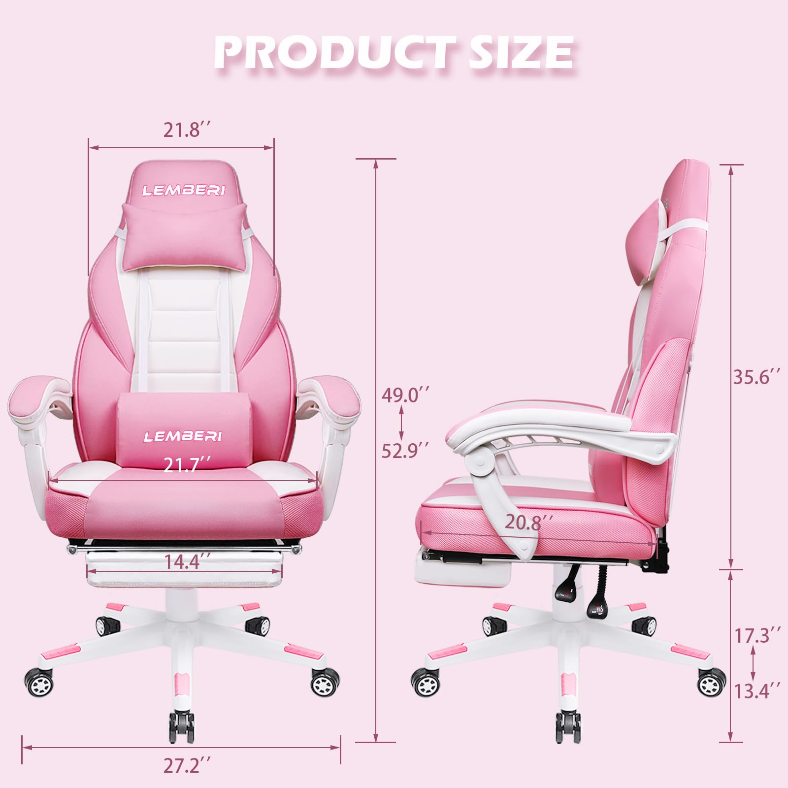 LEMBERI Pink Gaming Chair with Footrest - Ergonomic Kawaii Cute Gamer Chair for Girls, Computer Video Game Chair with Adjustable Headrest & Lumbar Support - Perfect for Streaming, Esports & Home Office Setup