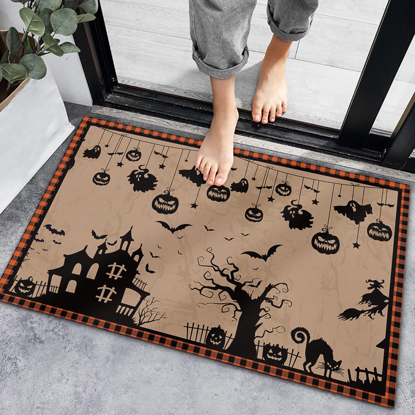Non-Slip Absorbent Indoor Doormat with Rubber Backing - Vintage Halloween Castle Witch Design, Brown Entrance Floor Mat for Bedroom, Bathroom & Entryway | Perfect for Fall Decor, Spooky Home Entrance & Cozy Interior