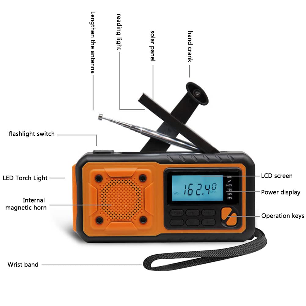 Solar Powered Emergency Weather Radio with Hand Crank & USB Rechargeable - 4000mAh Power Bank, LED Flashlight & SOS Alarm - Portable Survival Radio for Hiking, Camping, Outdoor Adventures & Emergency Preparedness