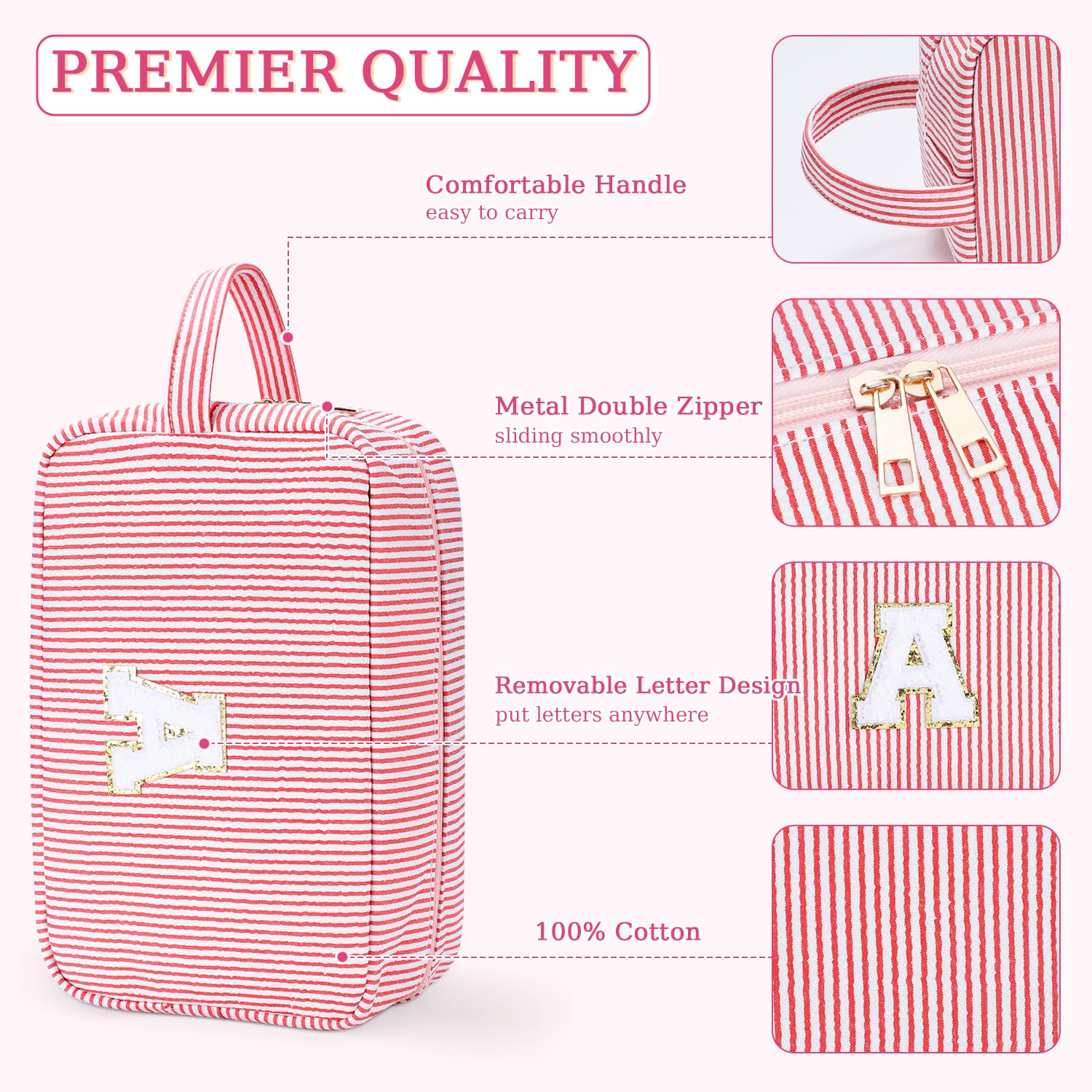 Personalized Initial Cute Pink Large Makeup Bag with Zippered Pocket - Waterproof Cosmetic & Toiletry Organizer for Travel, Gym, and Daily Use - Etercycle Makeup Case Bag