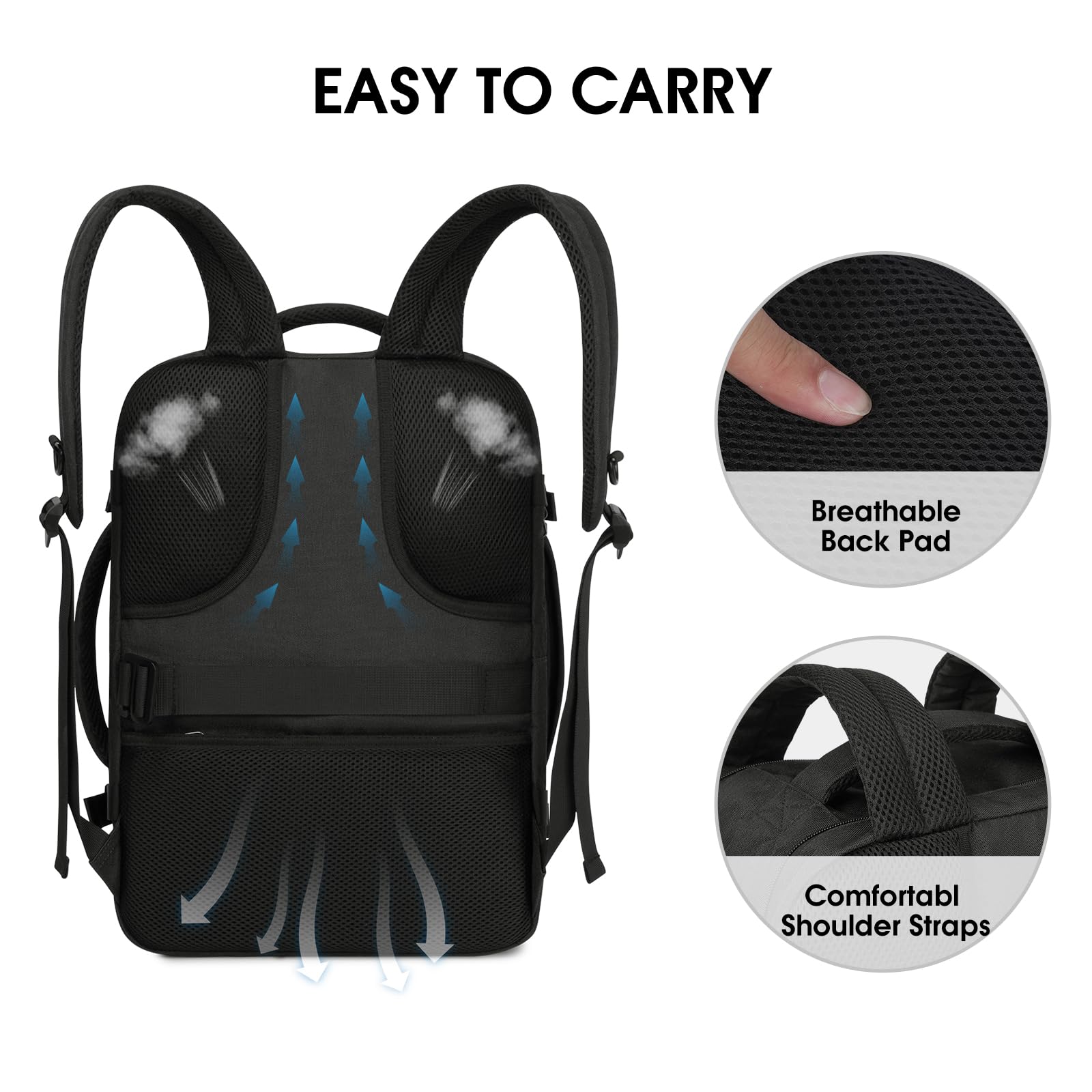 WANDF 18x14x8 Inch Travel Backpack - Approved Spirit Airlines Personal Item Bag with Wet Pocket & Laptop Compartment | 17 Inch Laptop Backpack for Men & Women (Black) | Perfect for Air Travel, Commuting & Business Trips