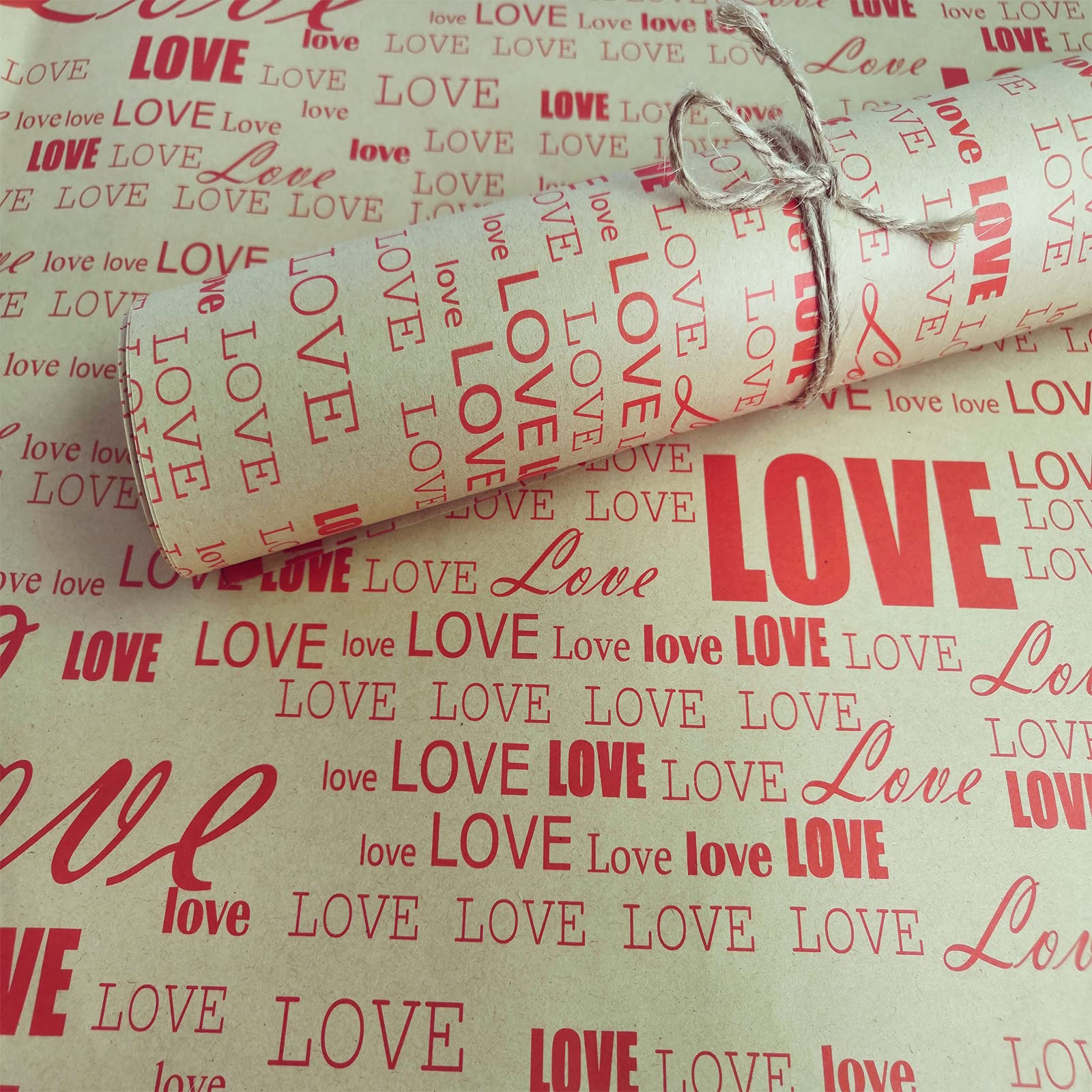 DAWN FLAME 20 Sheets Kraft Wrapping Paper - Printed LOVE Floral Design for Gift, Book, Photo Backdrop (19.69x27.56 Inches, Red) - Perfect for Valentine's Gifts, Scrapbooking & DIY Craft Projects