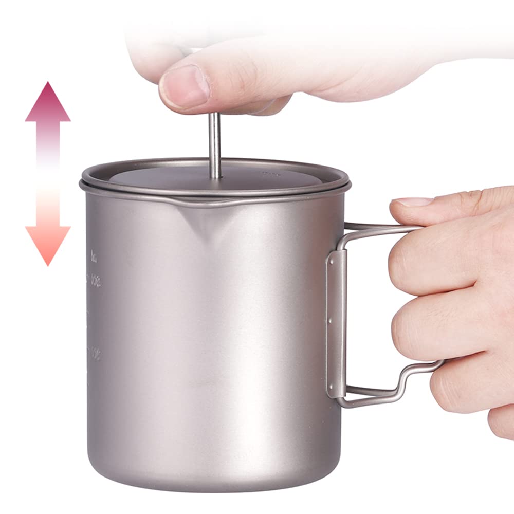 750ml Titanium French Press Coffee Maker with Folding Spoon - Lightweight & Durable Camping Coffee Press for Outdoor Adventures, Kitchen & Travel (Cup+Spoon Set)