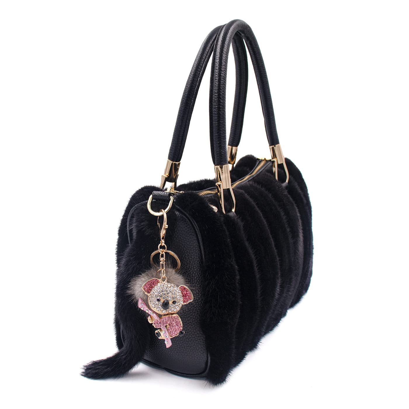 Surell Koala Bear Keychain with Real Mink Fur Pom - Soft Pompom Keyring - Luxury Purse Charm - Perfect for Keys, Backpacks, Handbags & Gift Giving - Cute Animal Accessory for Women & Girls