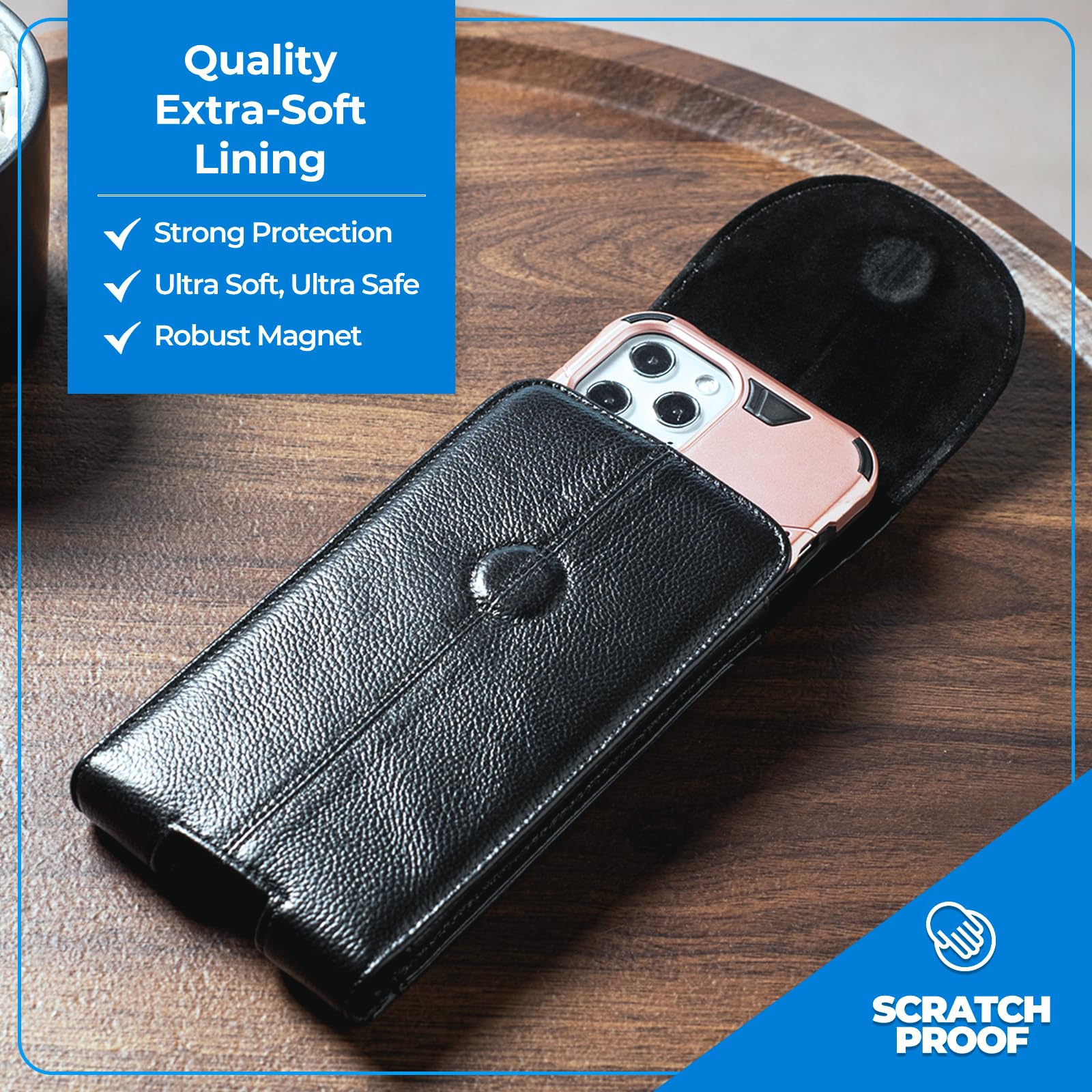 Genuine Leather Phone Pouch for iPhone 16 Pro Max/15 Plus/14 Pro Max & Samsung Galaxy A54/A12/Note 20/9/8/S23 Plus/S24 Ultra - Belt Clip Holster Case & Cell Phone Holder - Perfect for Work, Travel & Outdoor Activities (Black)