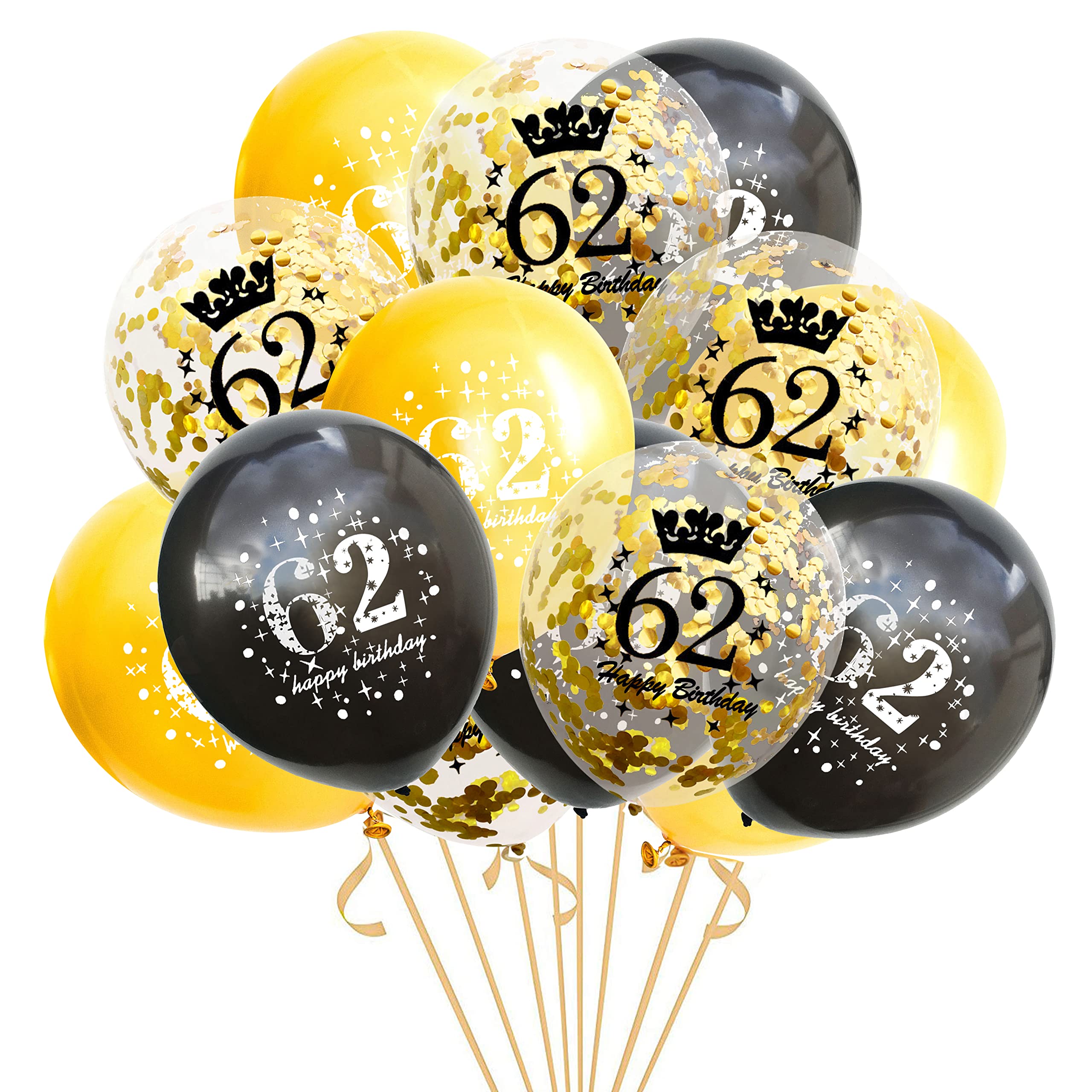 62nd Birthday Balloons - 15 Pack 12 Inch Black Gold Confetti Printed Latex Balloons for Men & Women - Perfect for 62nd Birthday Party Decorations, Anniversary Celebrations & Milestone Events